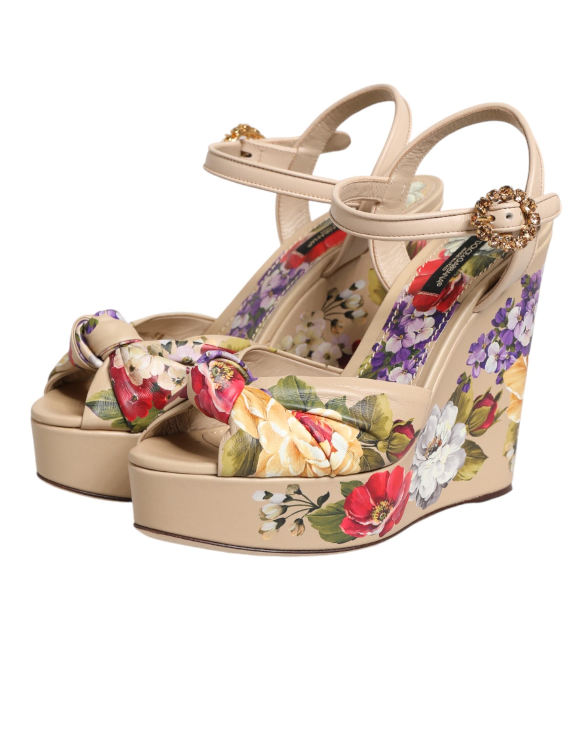 Beige Floral Ankle Strap Wedge Sandals Shoes - ventzia