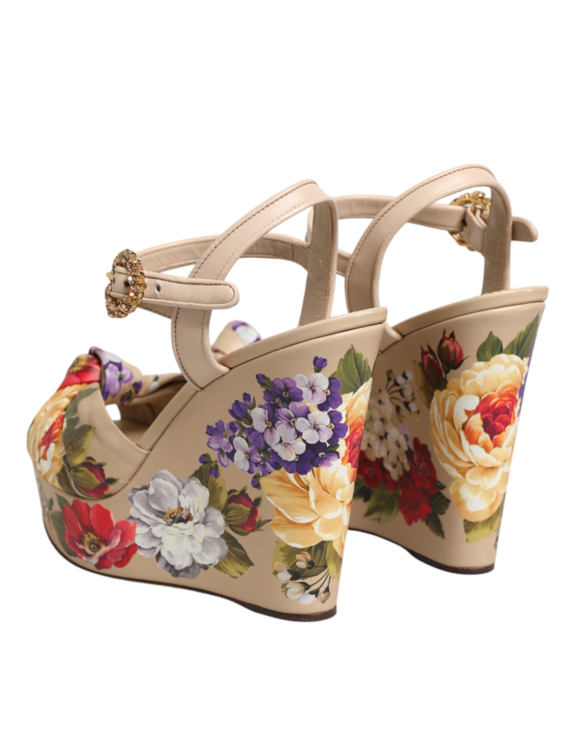 Beige Floral Ankle Strap Wedge Sandals Shoes - ventzia