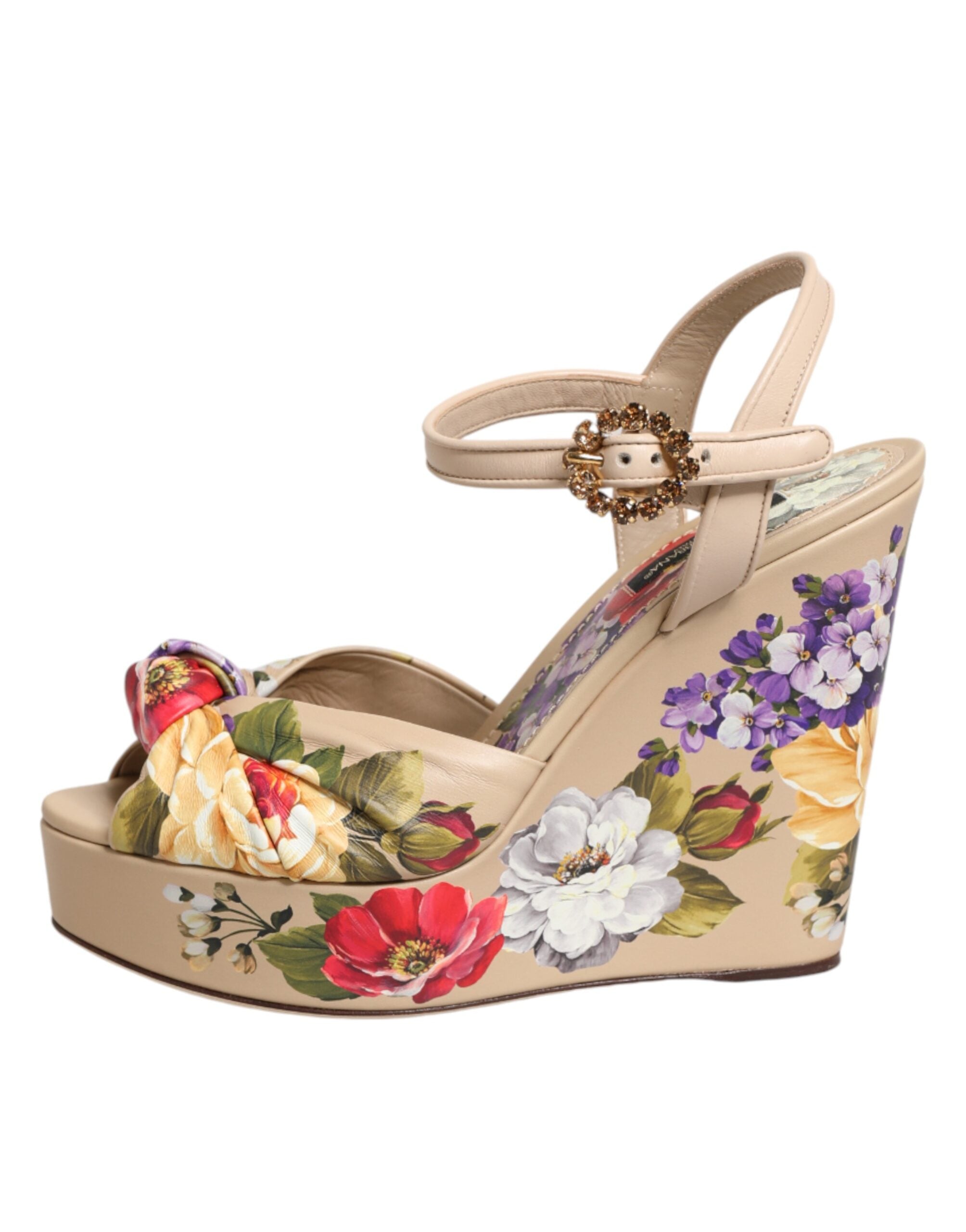 Beige Floral Ankle Strap Wedge Sandals Shoes - ventzia