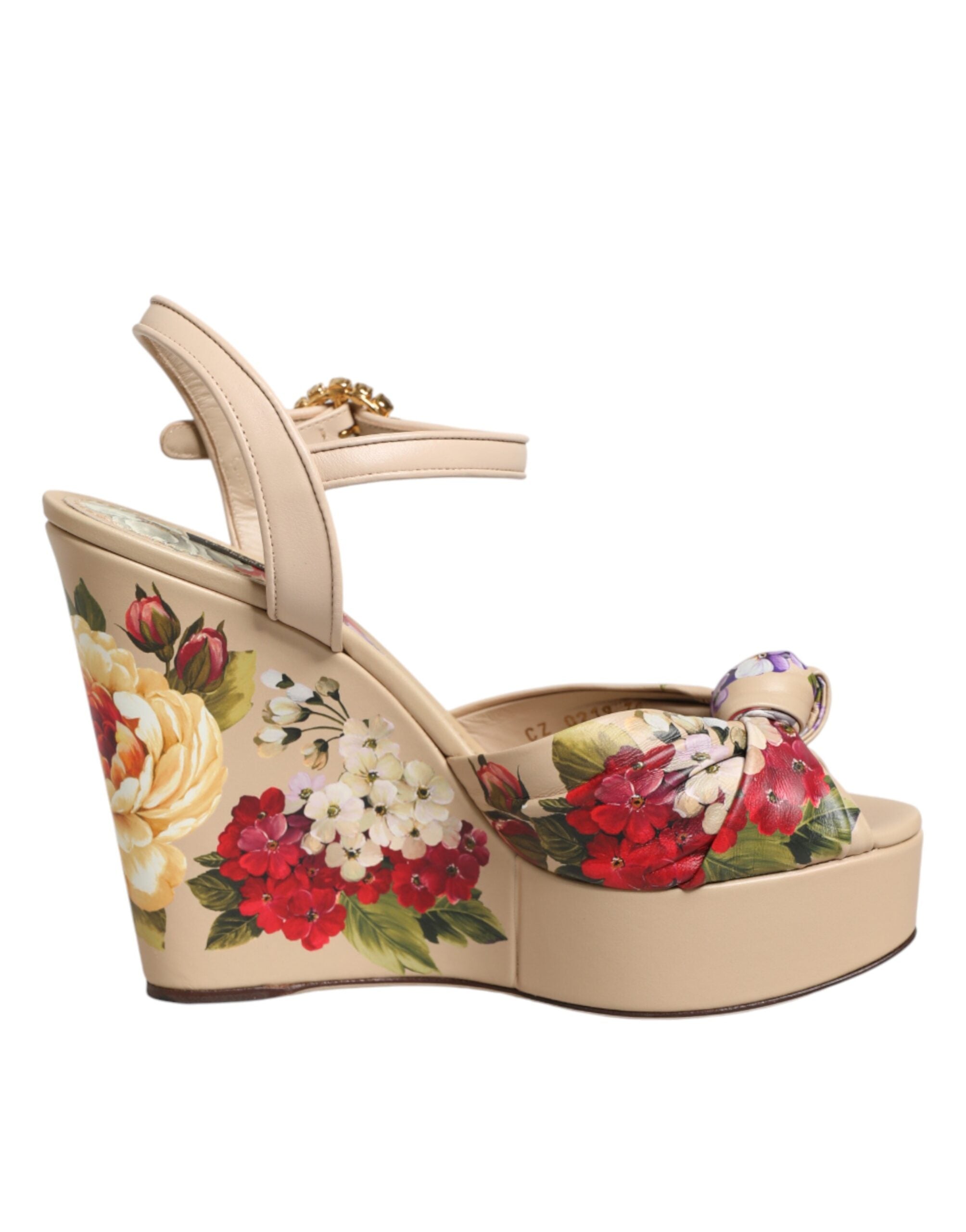Beige Floral Ankle Strap Wedge Sandals Shoes - ventzia