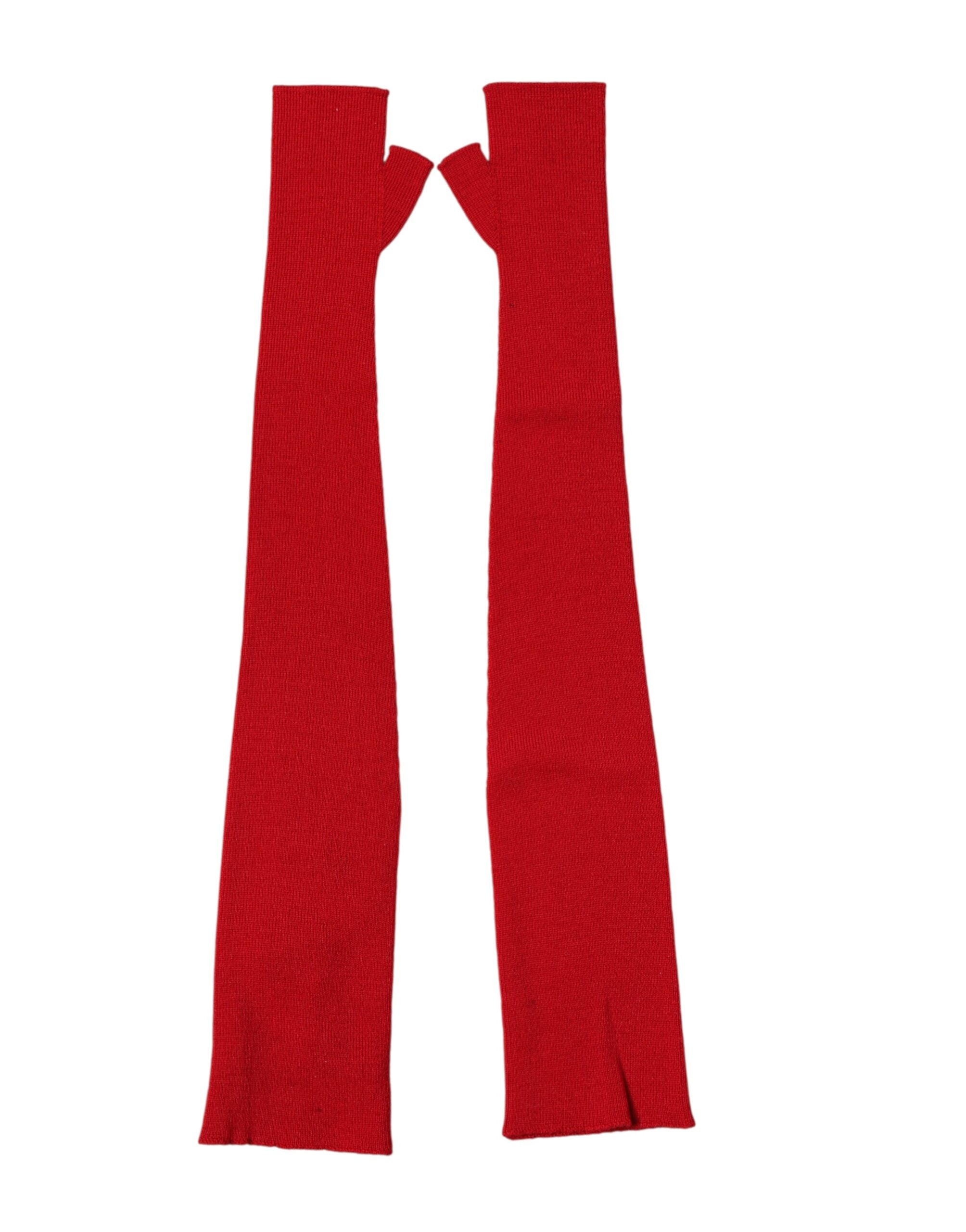 Red Wool Knitted Fingerless Elbow One Length Gloves