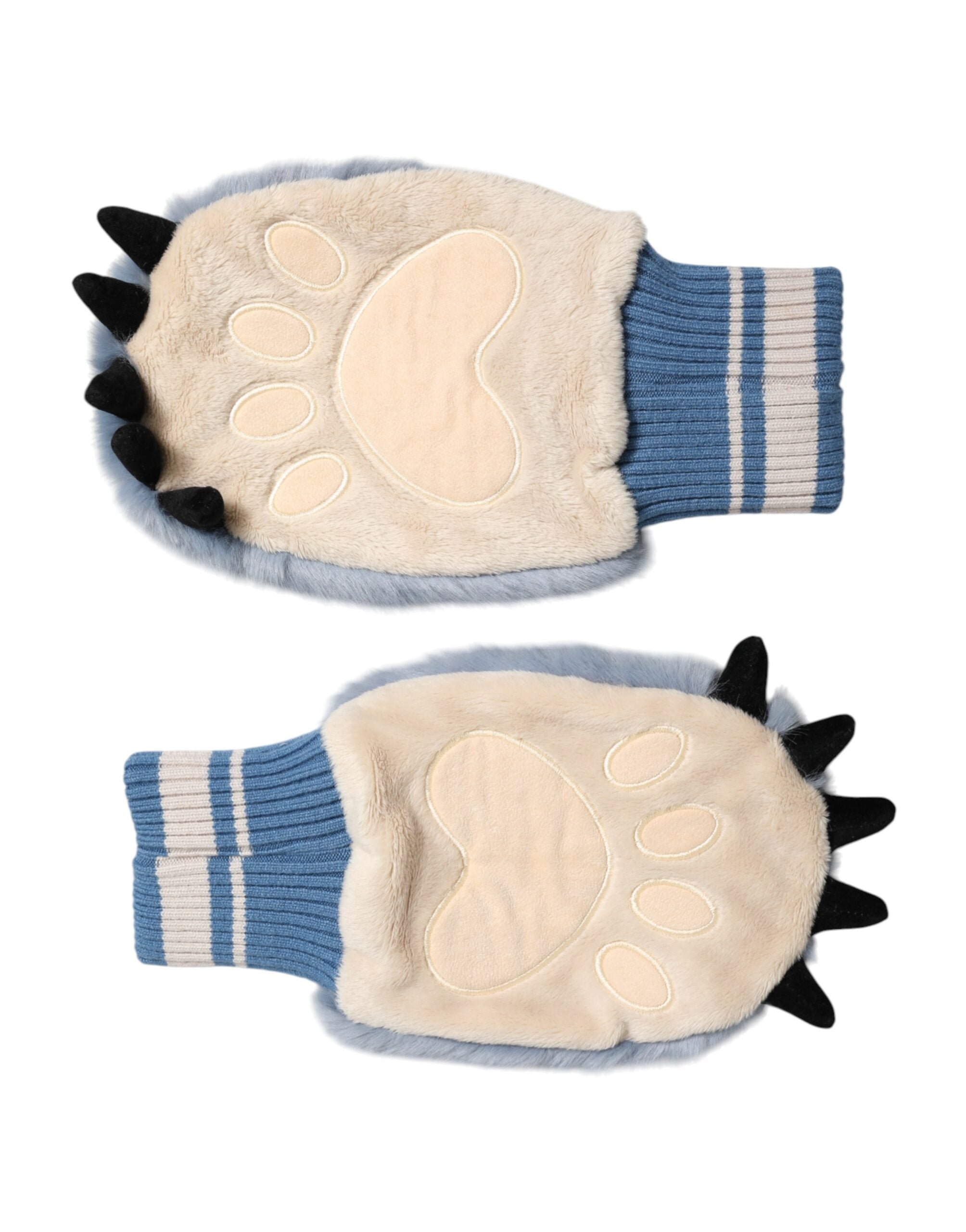 Blue Acrylic Knitted Fur Wrist Mitten Gloves - ventzia