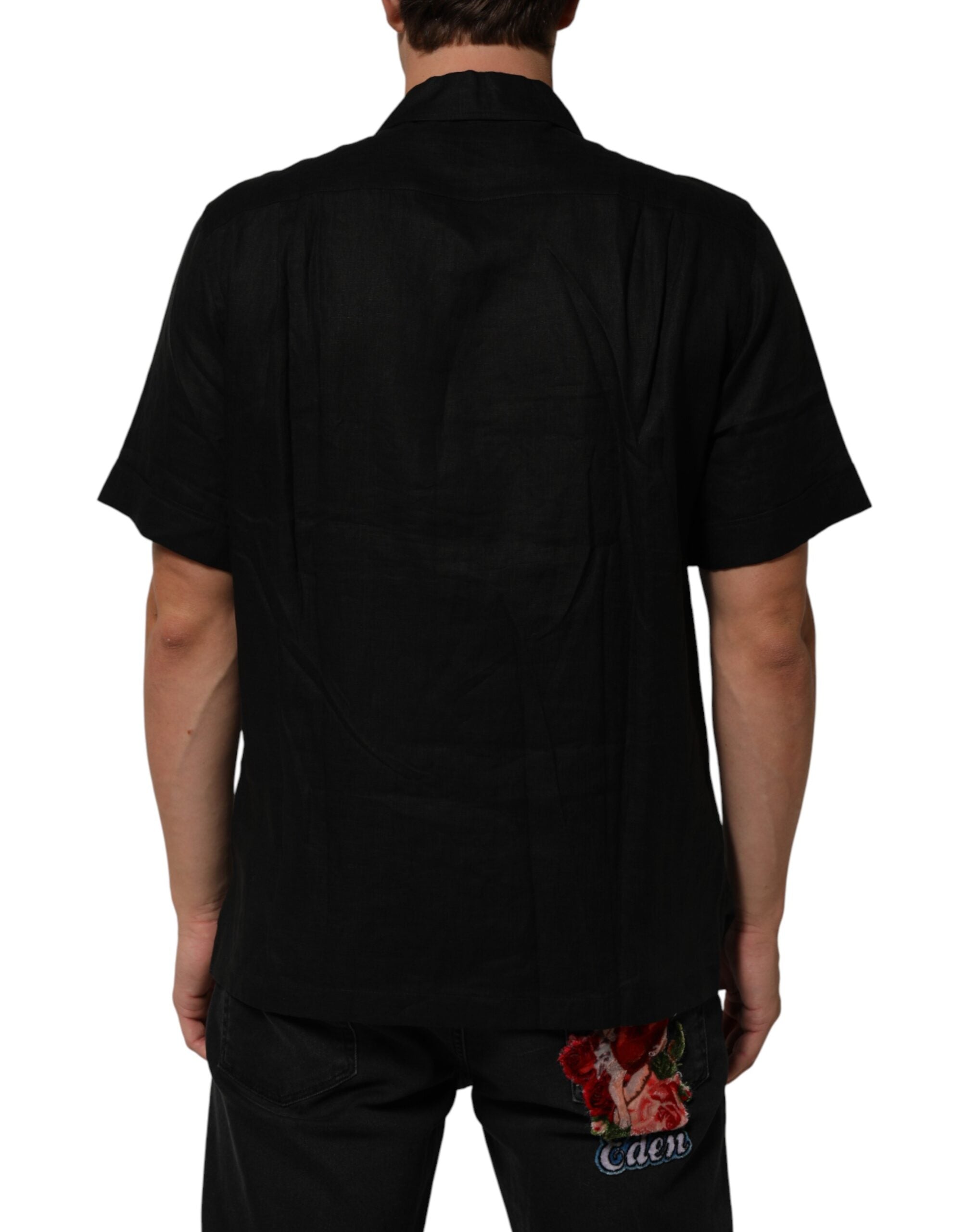 Black Linen Collared Short Sleeve Polo Shirt