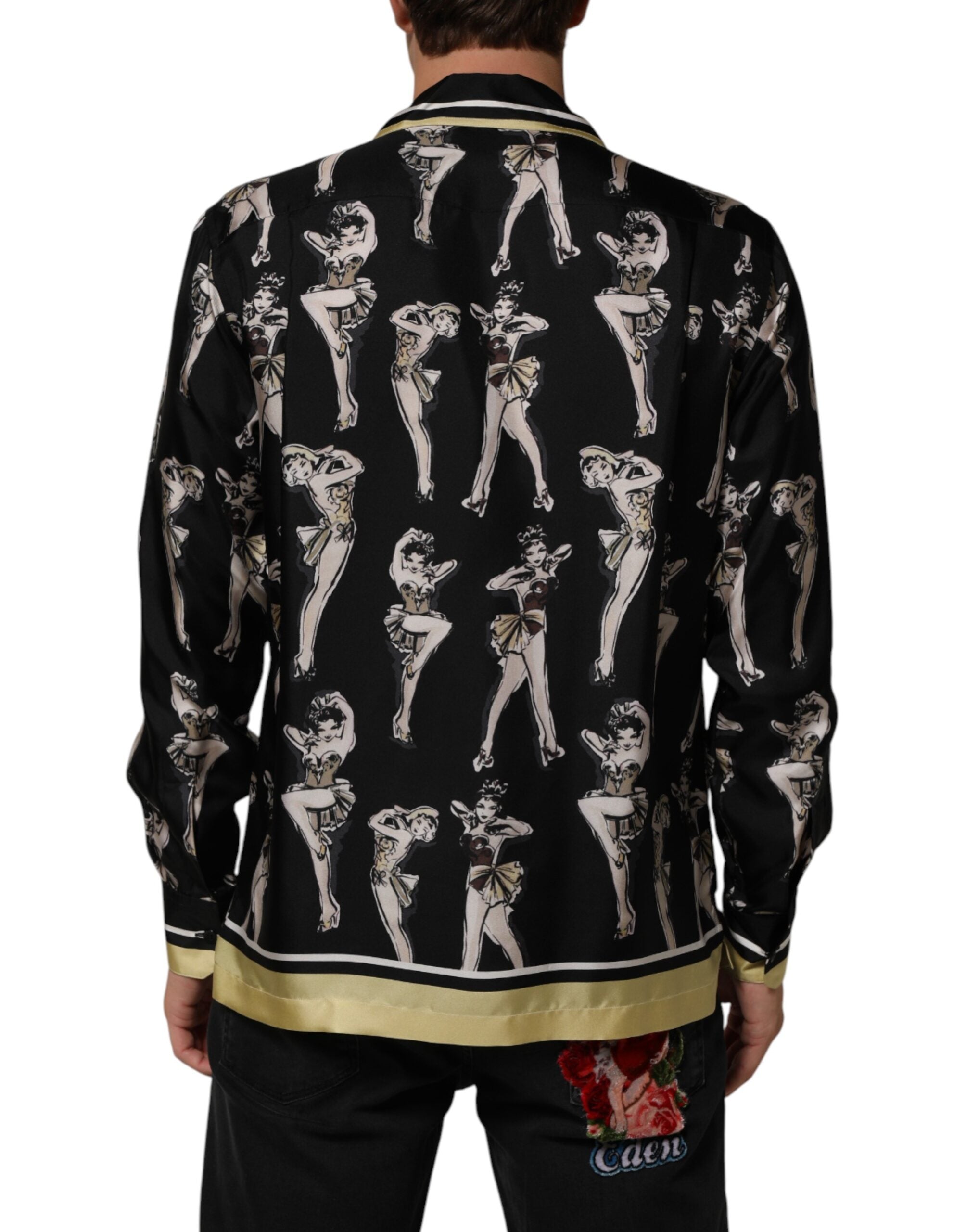 Black Silk Pin Up Printed Button Down Shirt