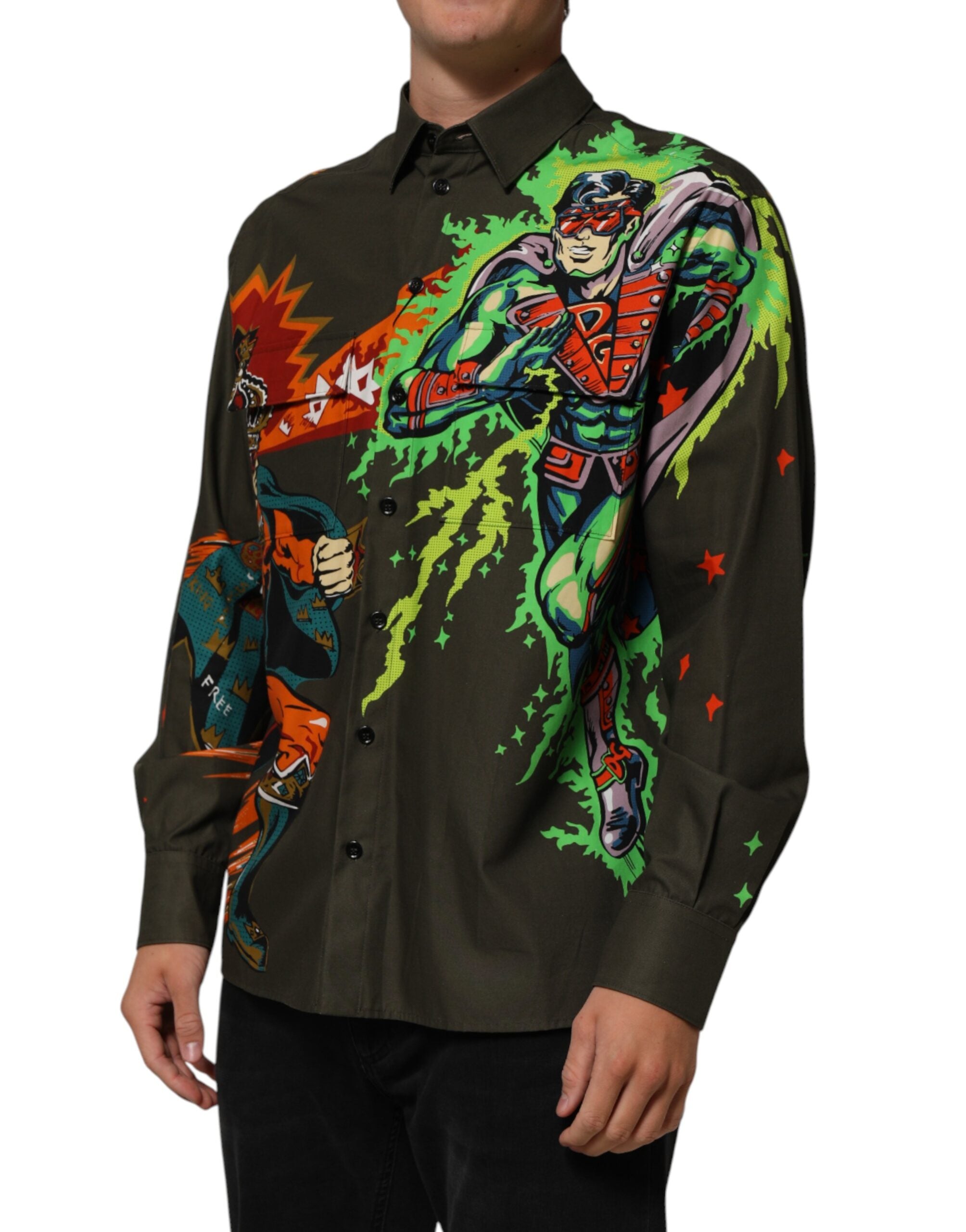 Brown Superhero Print Button Down Shirt - ventzia