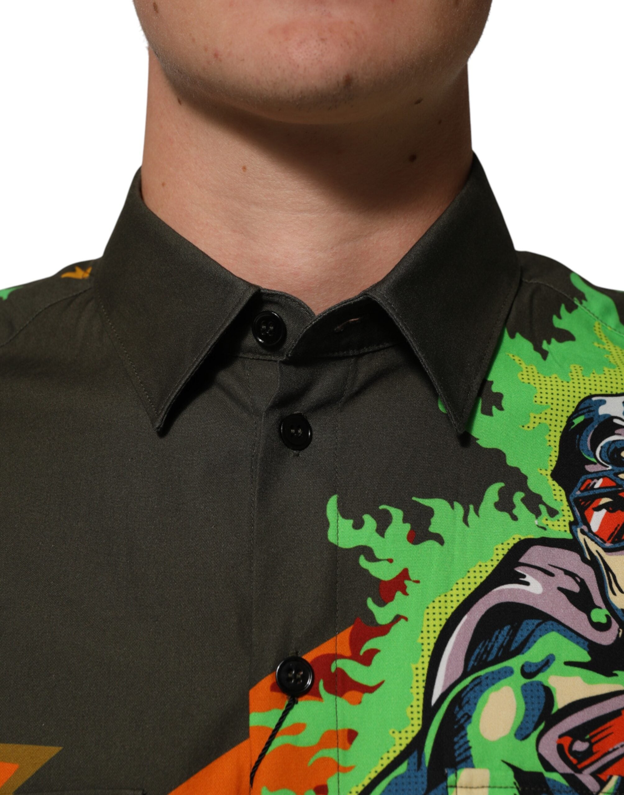 Brown Superhero Print Button Down Shirt - ventzia