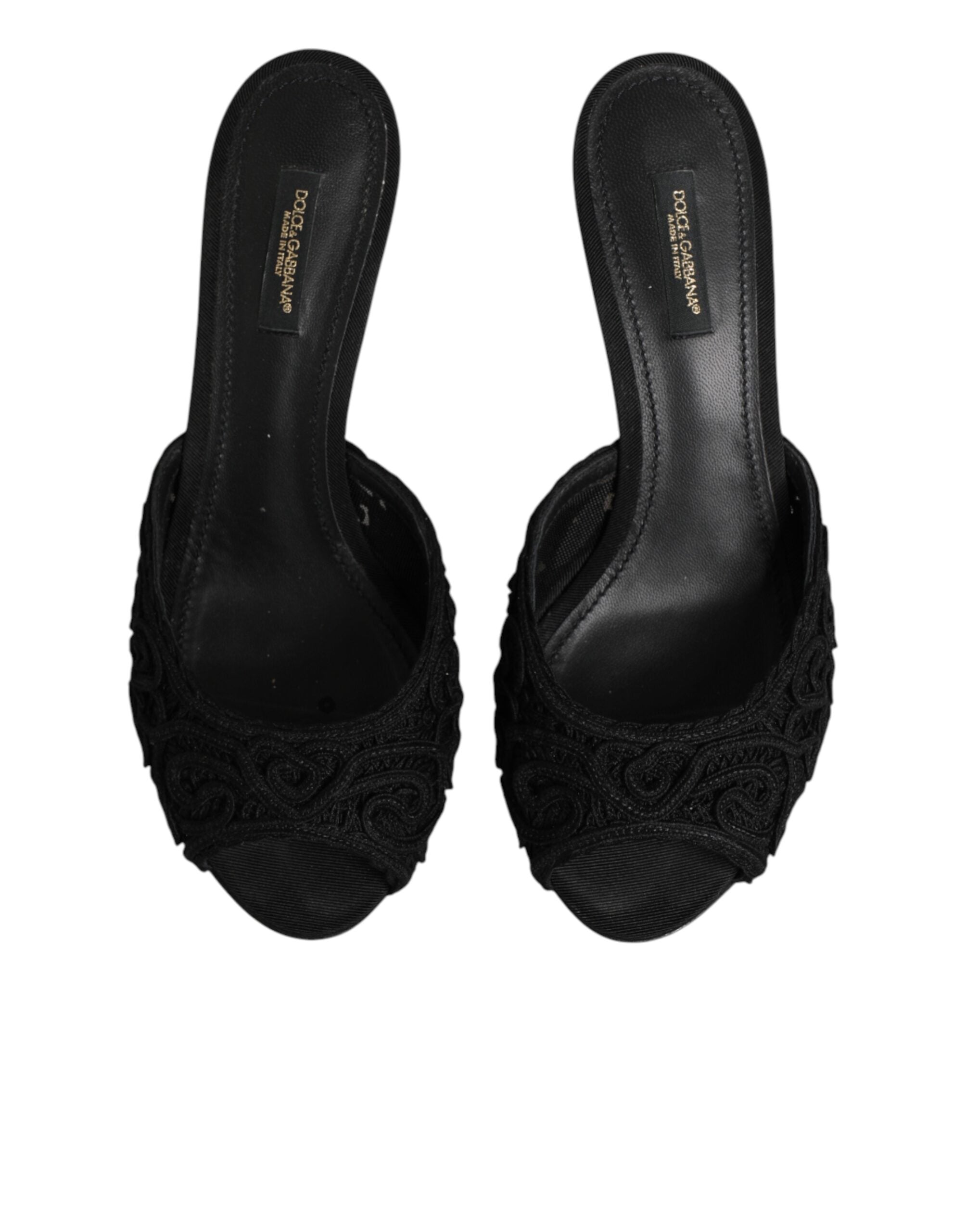 Black Embroidered Slip On Heels Slides Shoes