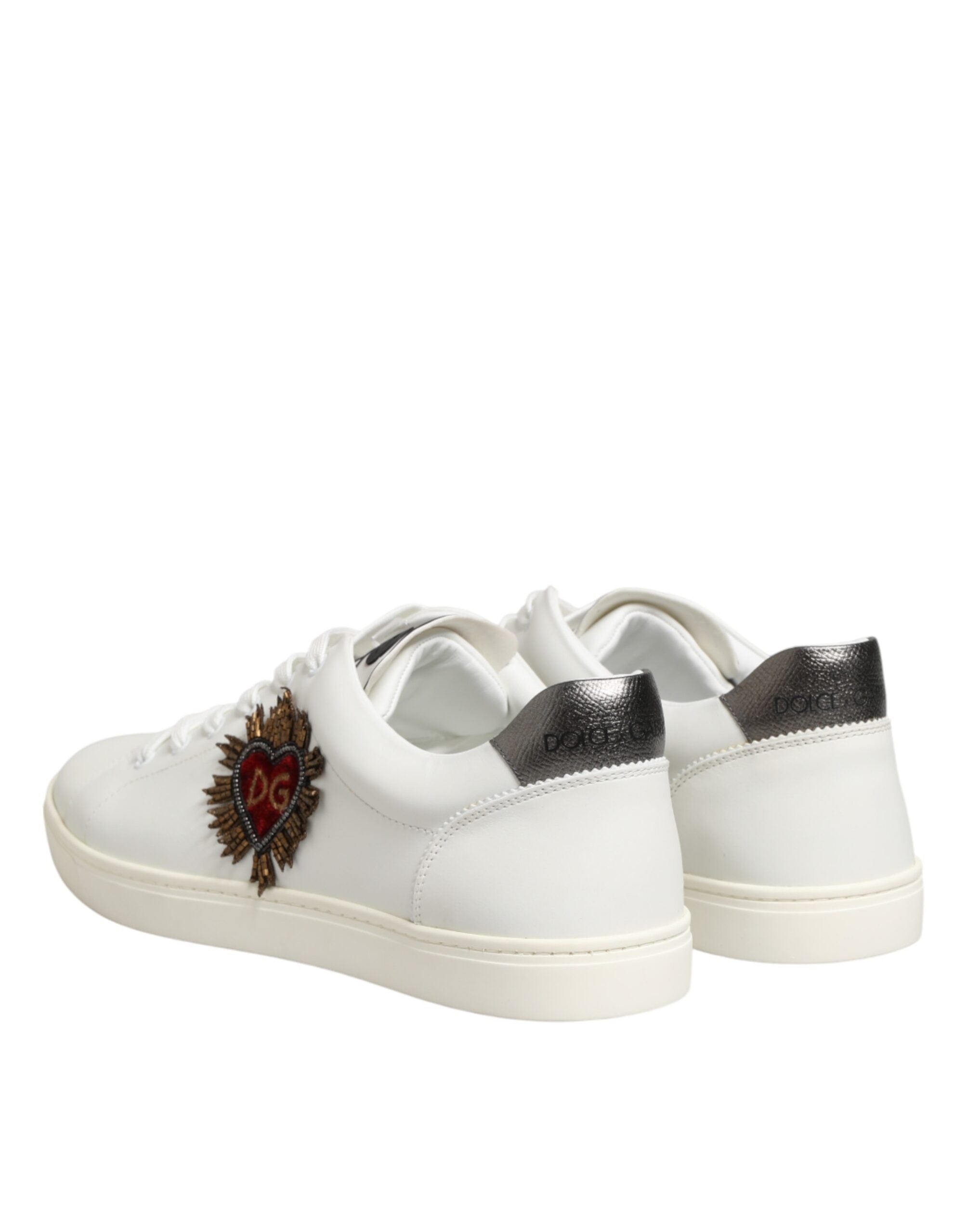 White Leather Heart Embellished Sneakers Shoes - ventzia
