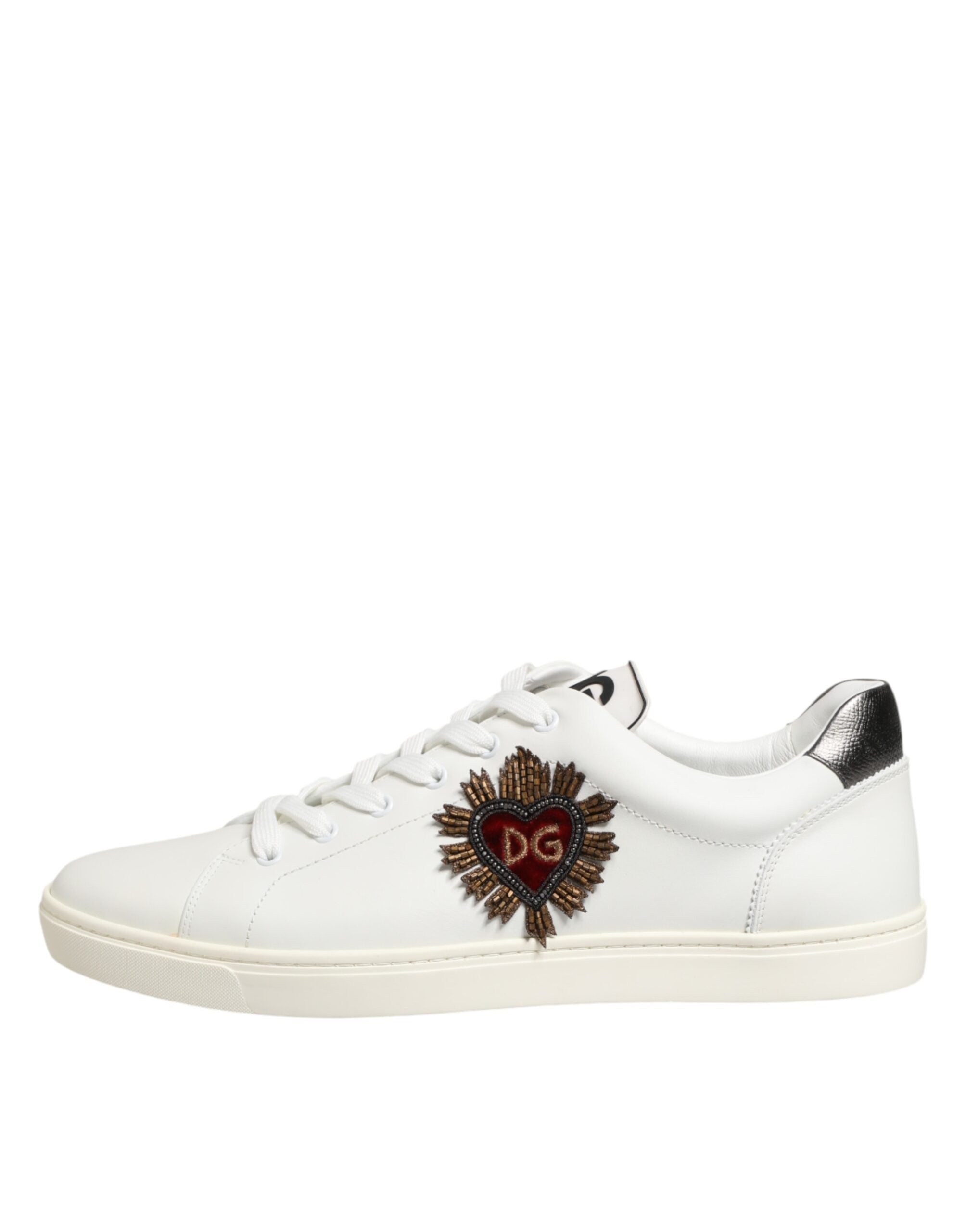 White Leather Heart Embellished Sneakers Shoes - ventzia
