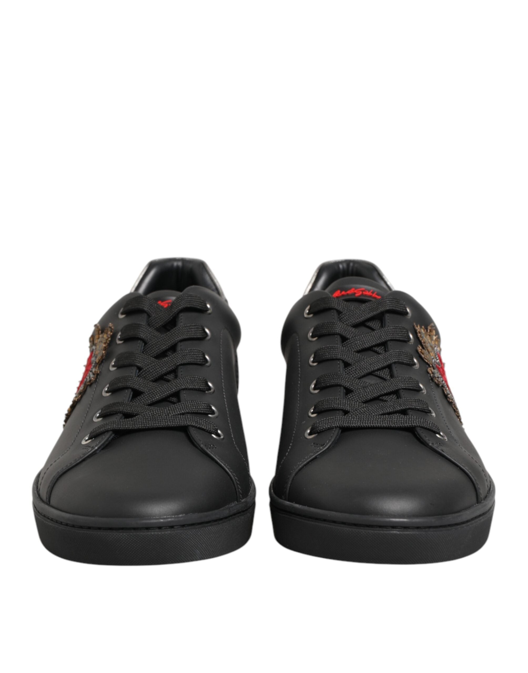 Black Leather Heart Embellished Sneakers Shoes - ventzia
