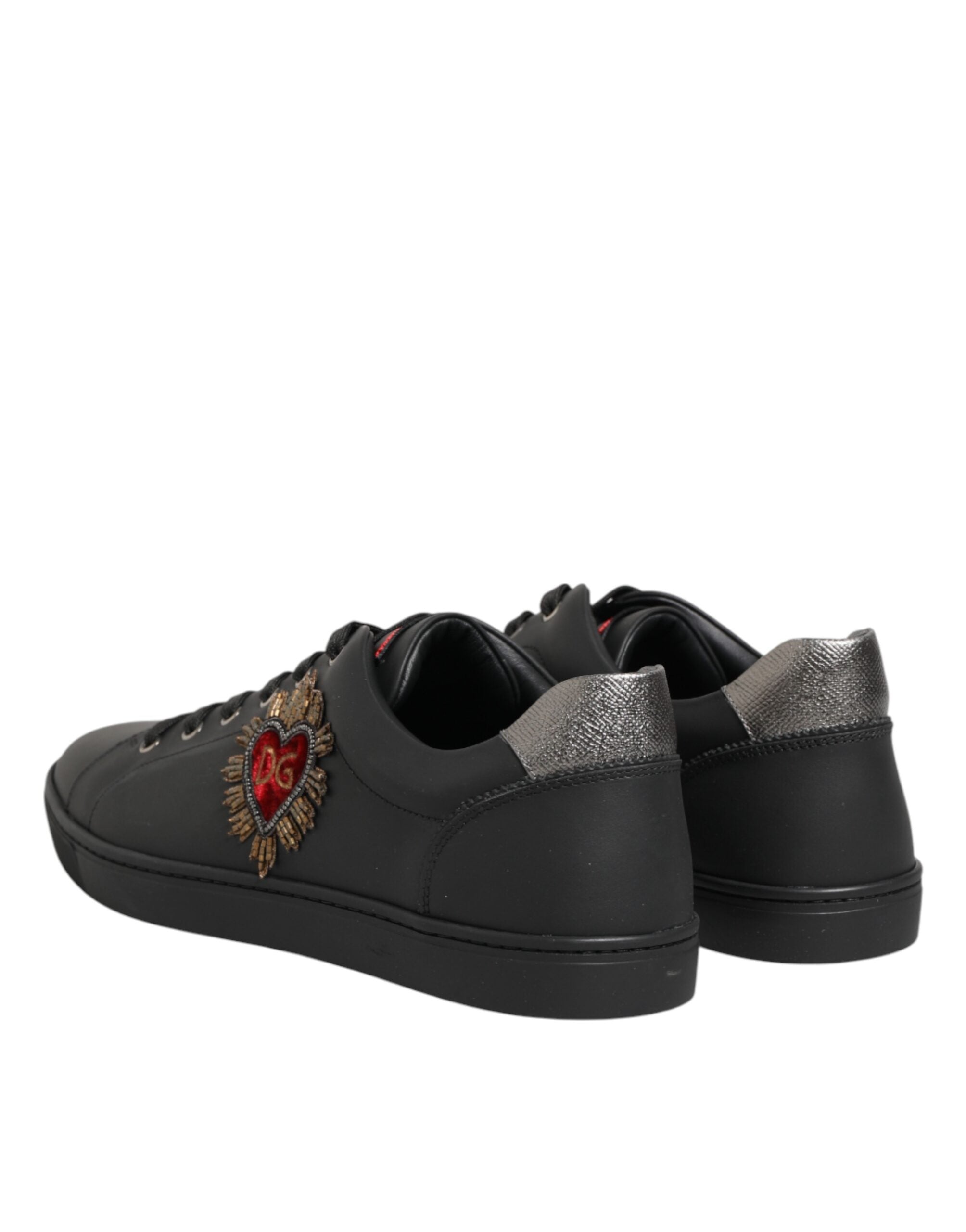 Black Leather Heart Embellished Sneakers Shoes - ventzia