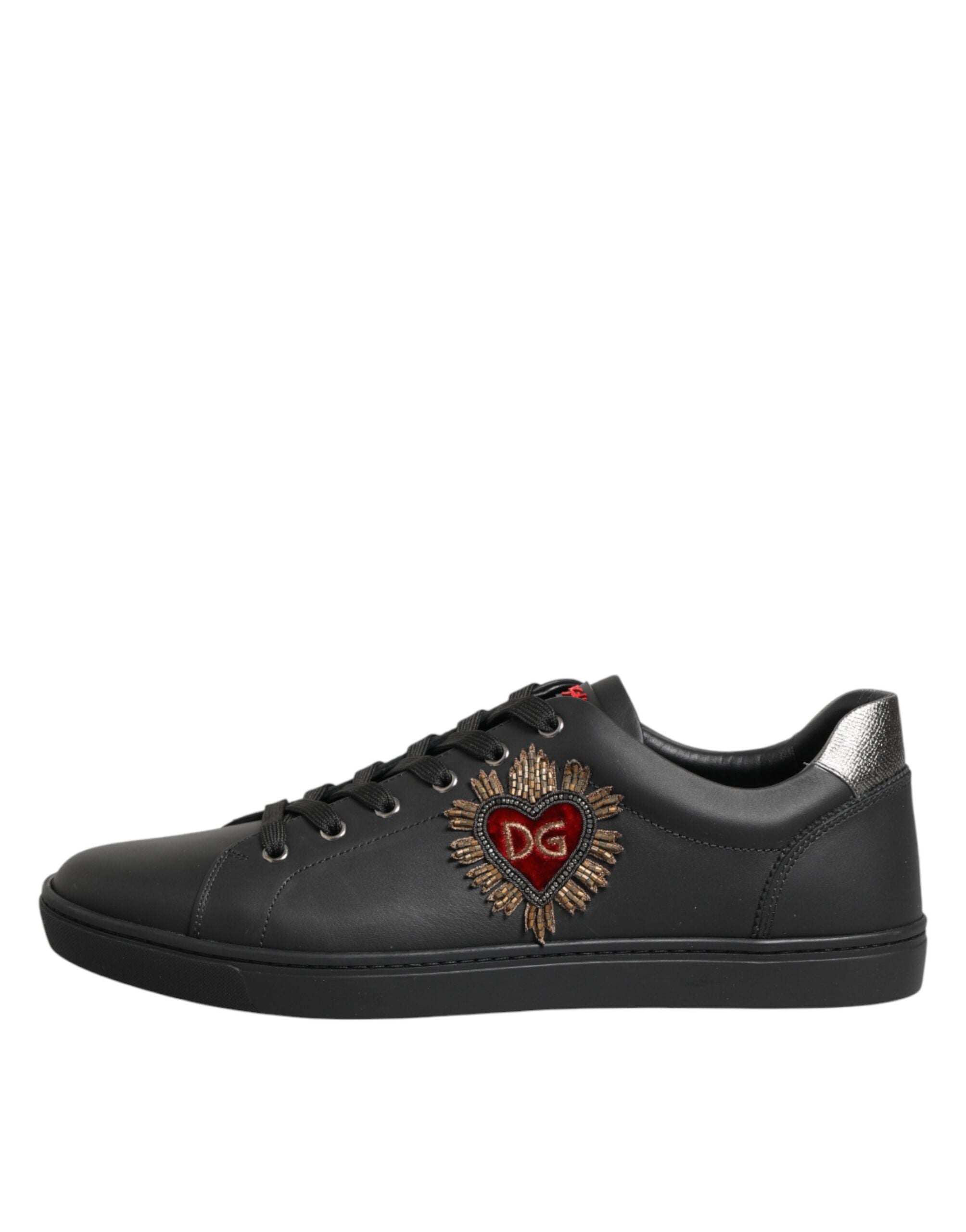 Black Leather Heart Embellished Sneakers Shoes - ventzia