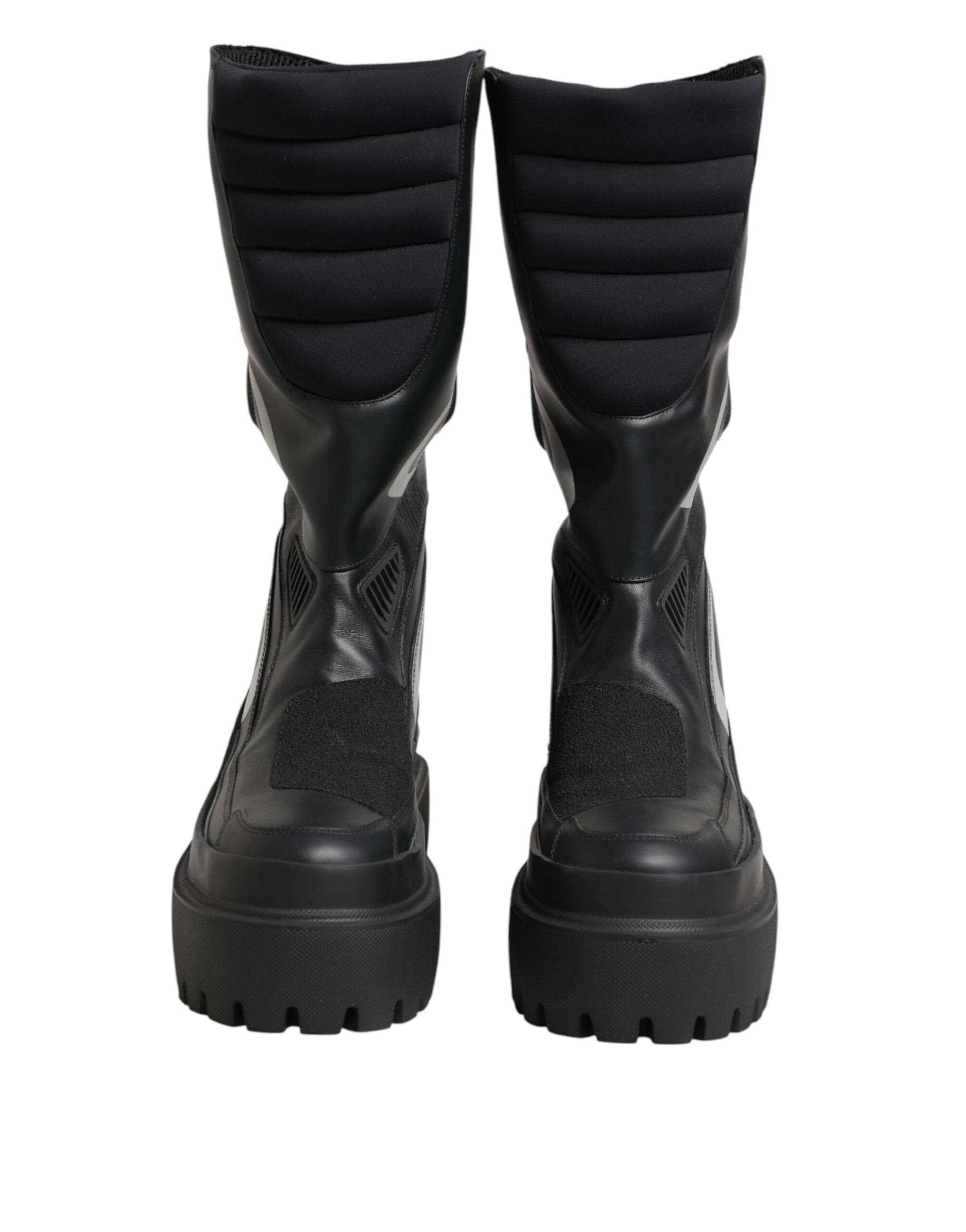 Black Leather Mid Calf Biker Boots Shoes