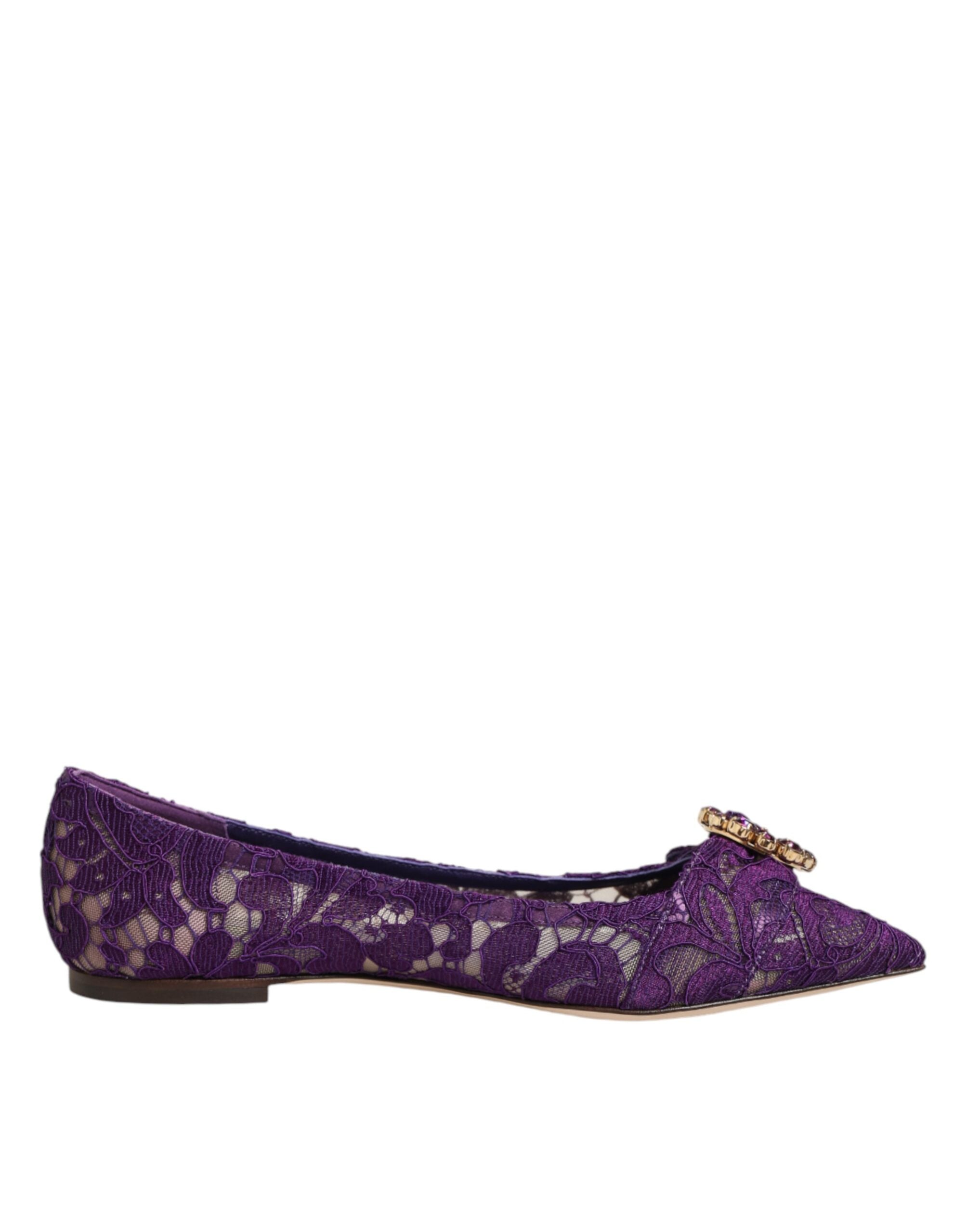 Purple Taormina Lace Crystals Flats Shoes - ventzia