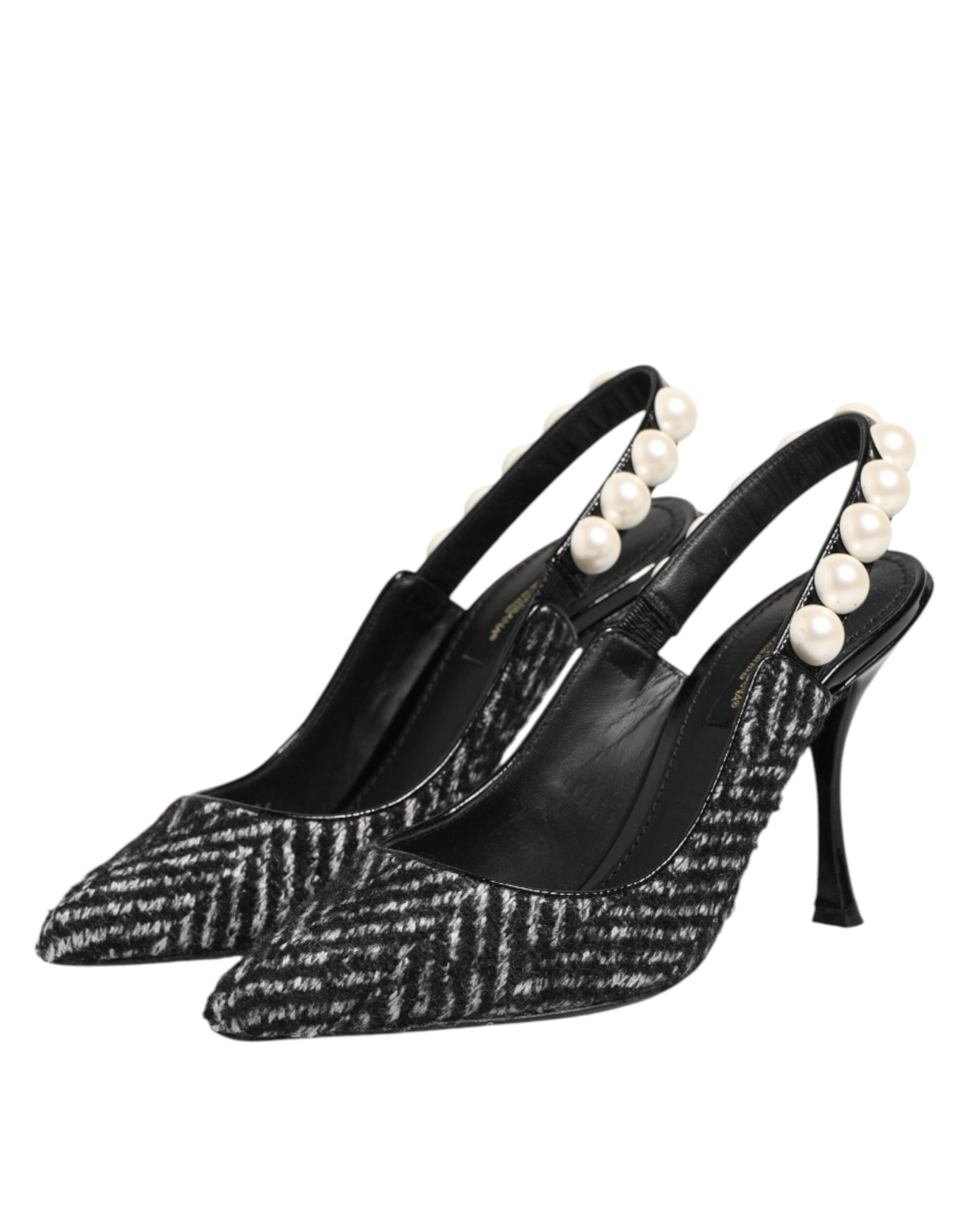 White Black Chevron Faux Pearl Slingbacks Shoes
