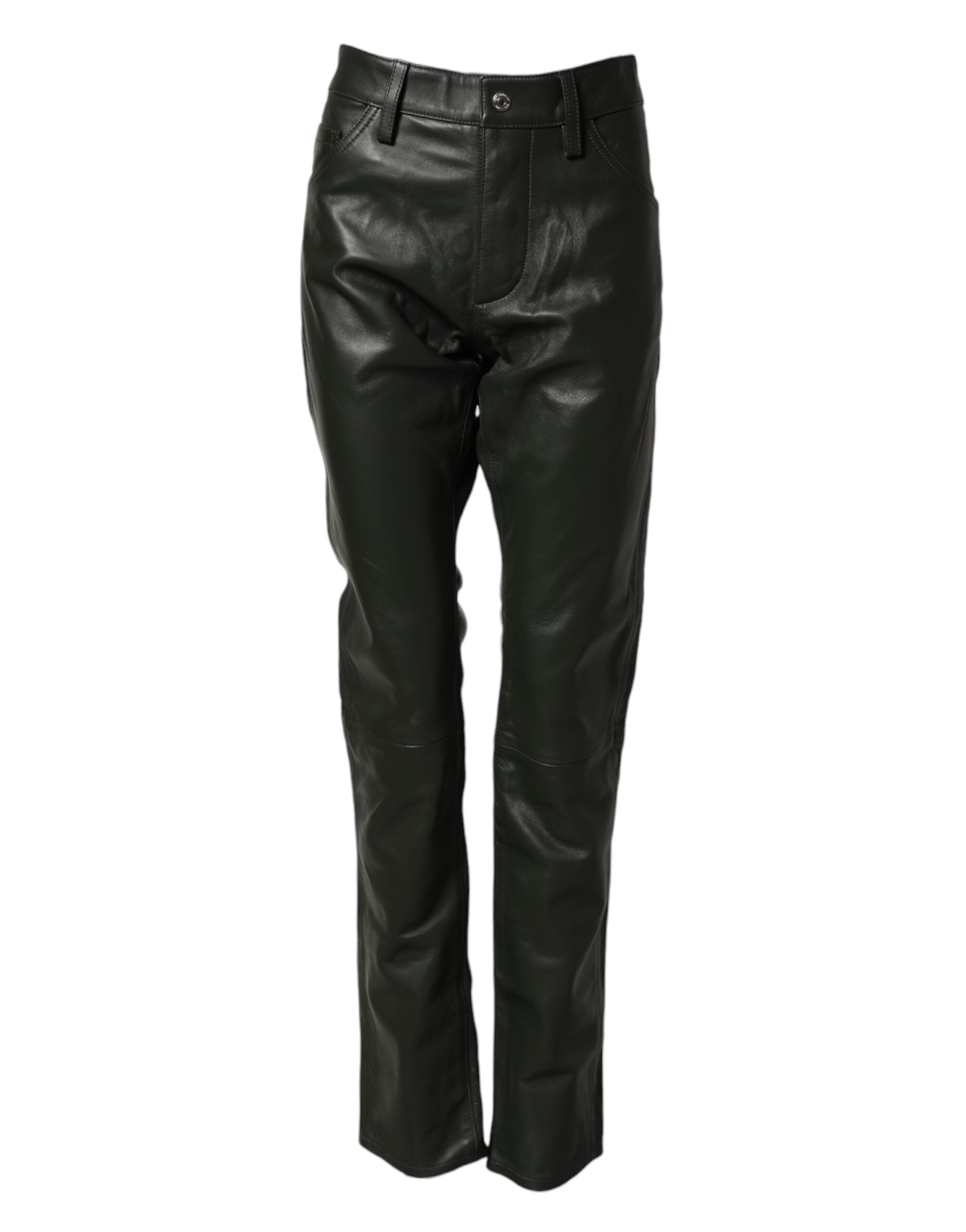 Black Full Grain Leather Mid Waist Trouser Pants