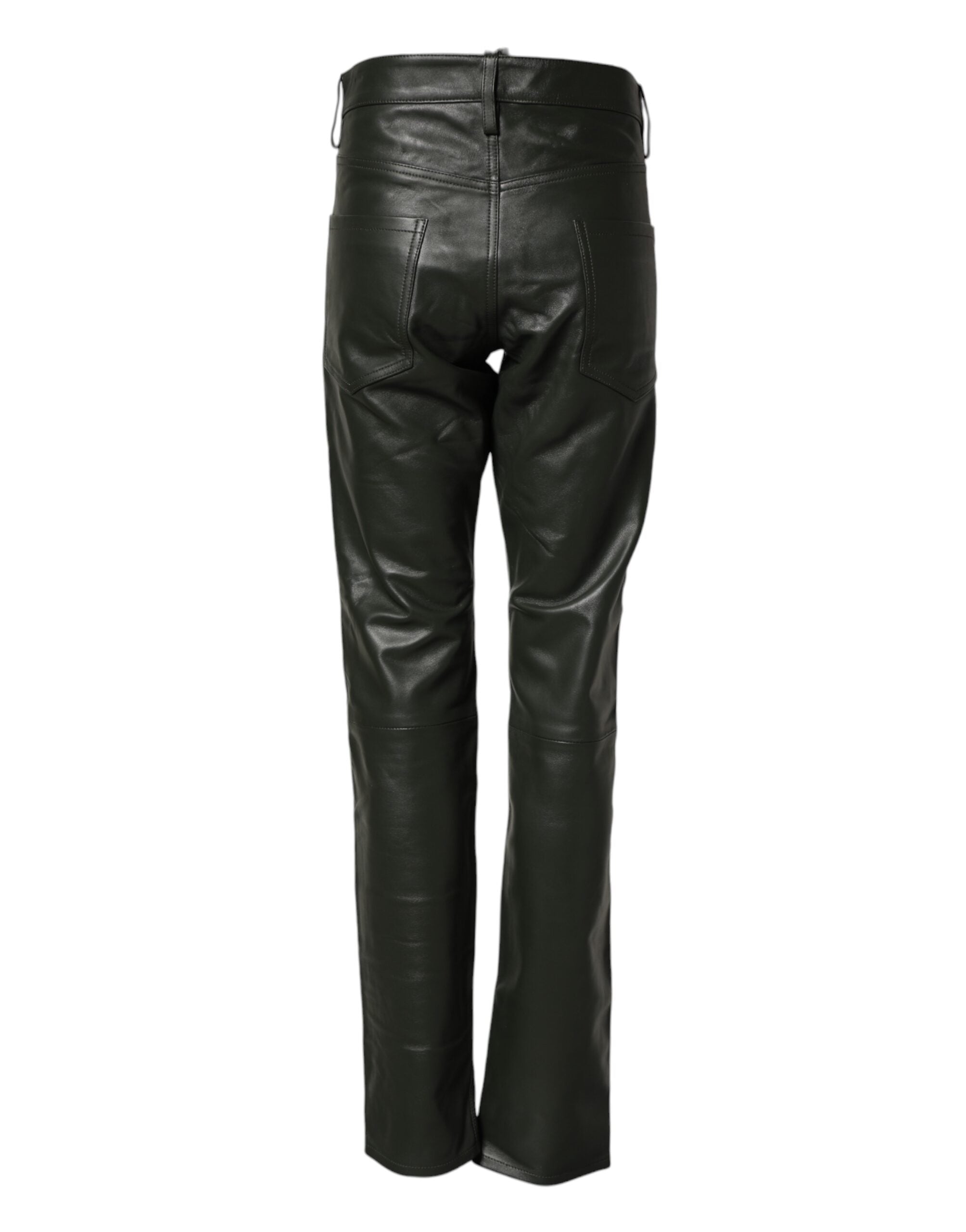 Black Full Grain Leather Mid Waist Trouser Pants