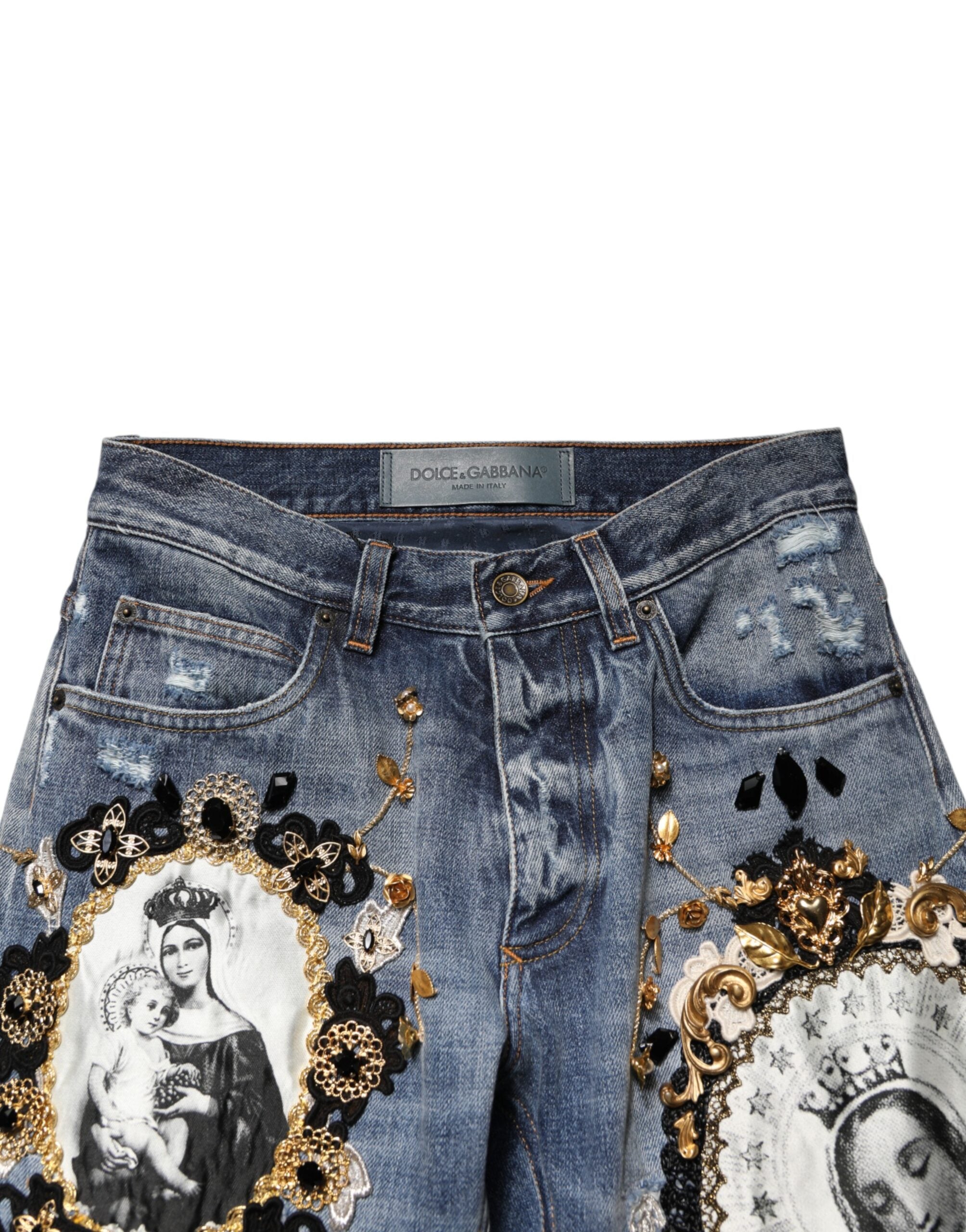 Blue Ripped Embellished Cotton Denim Jeans