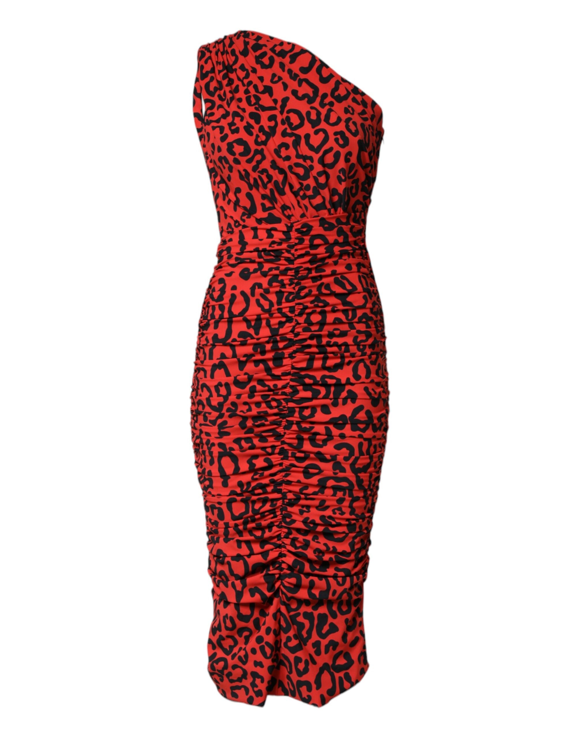 Red Leopard Print Nylon Sheath Midi Dress - ventzia