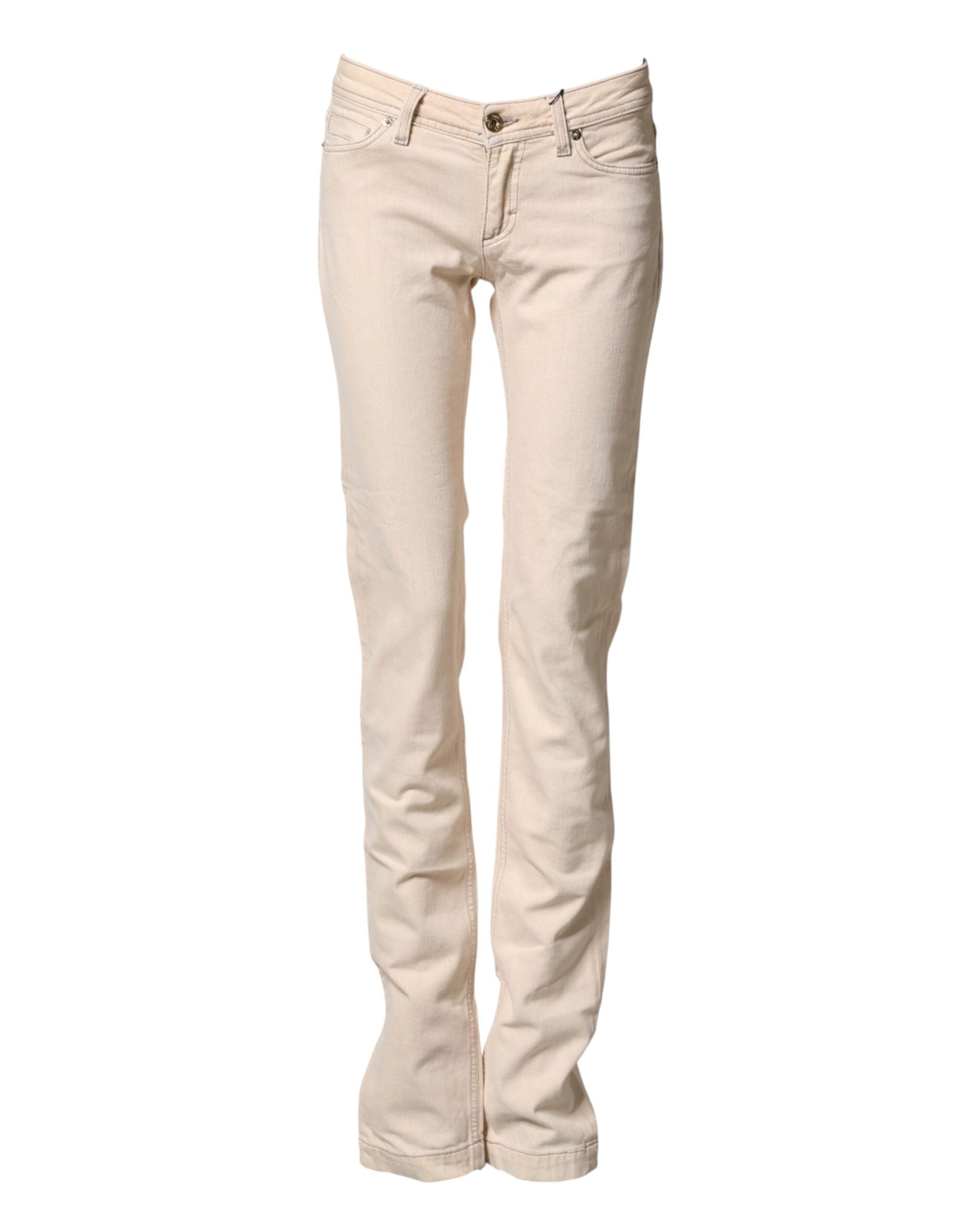 Beige Low Waist Cotton Slim Fit Denim Trousers Jeans - ventzia