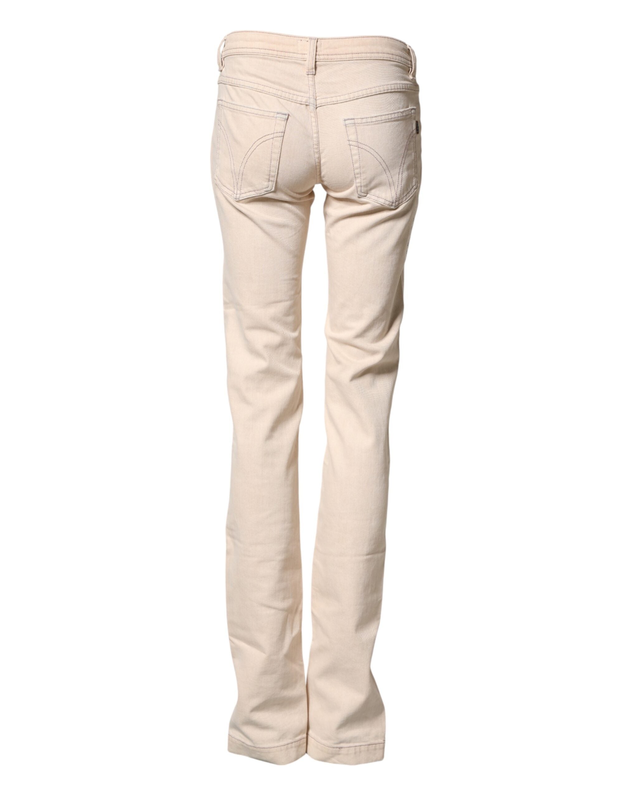 Beige Low Waist Cotton Slim Fit Denim Trousers Jeans - ventzia
