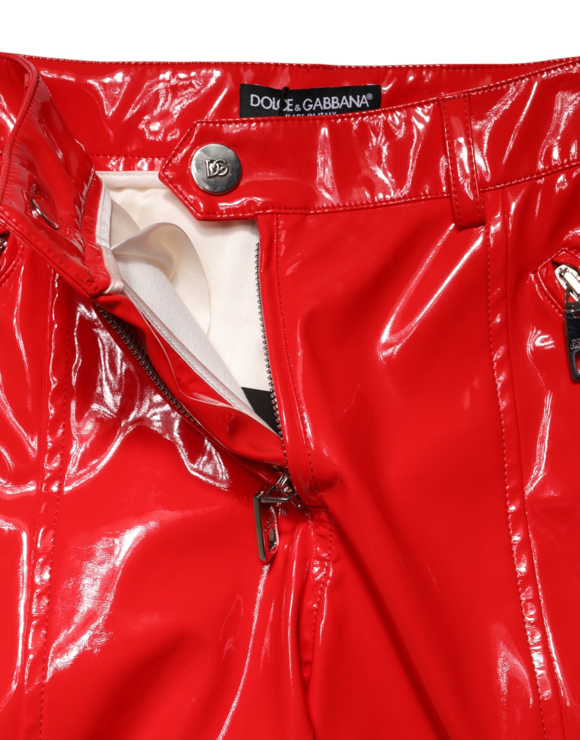 Red Glossy Polyester Cargo Boot Cut Pants