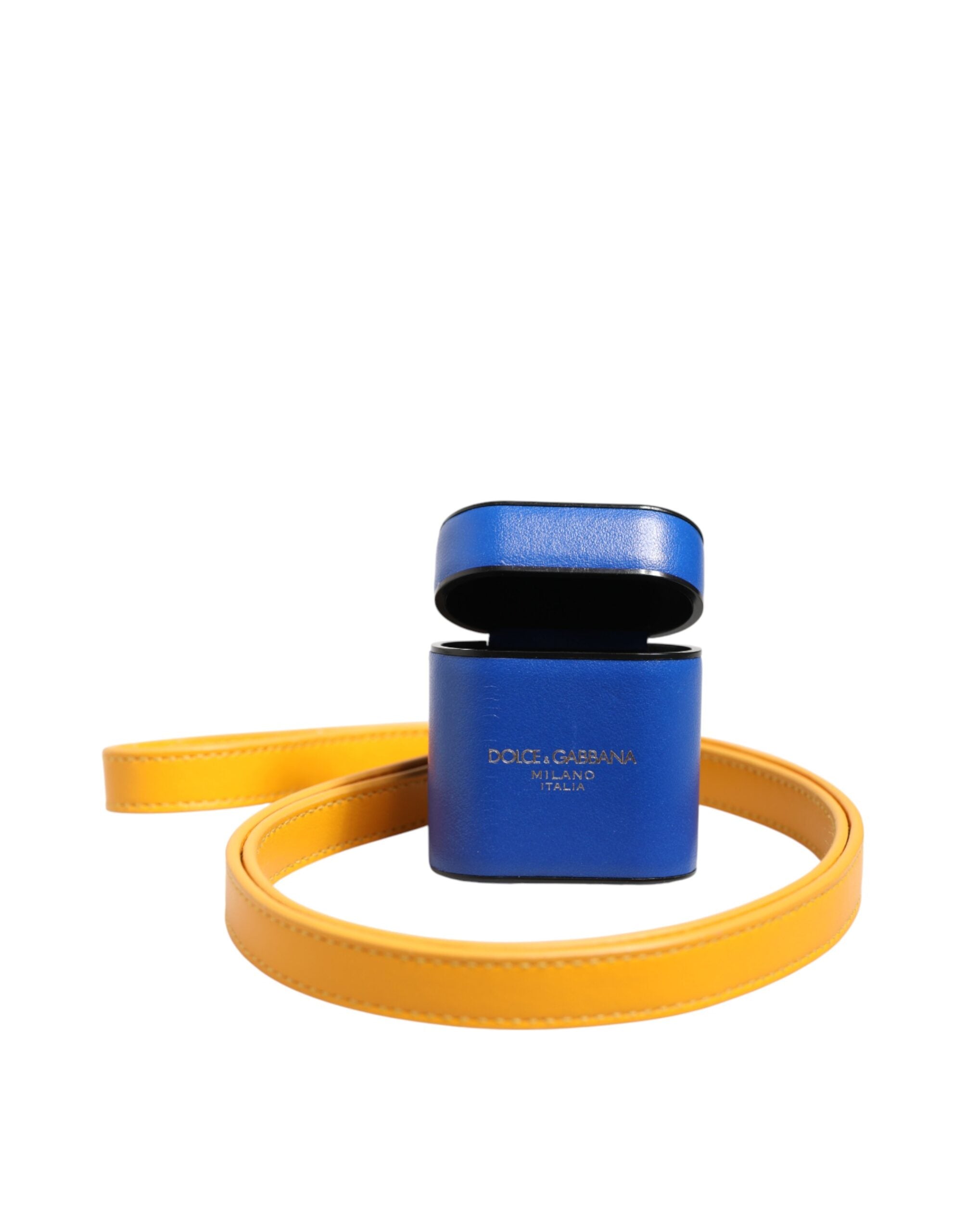 Blue Yellow Calfskin Leather Logo Strap Men Airpods Case - ventzia