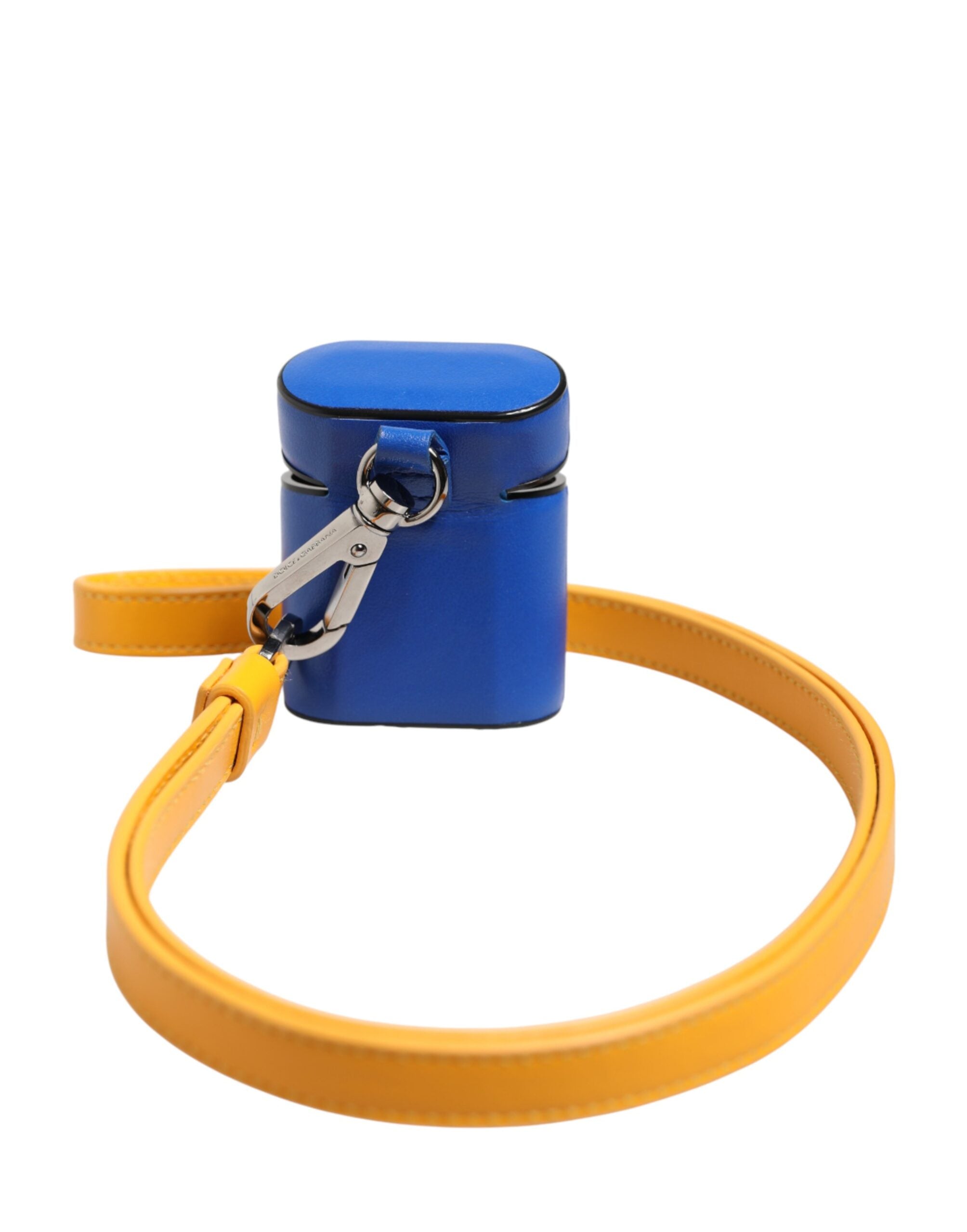 Blue Yellow Calfskin Leather Logo Strap Men Airpods Case - ventzia