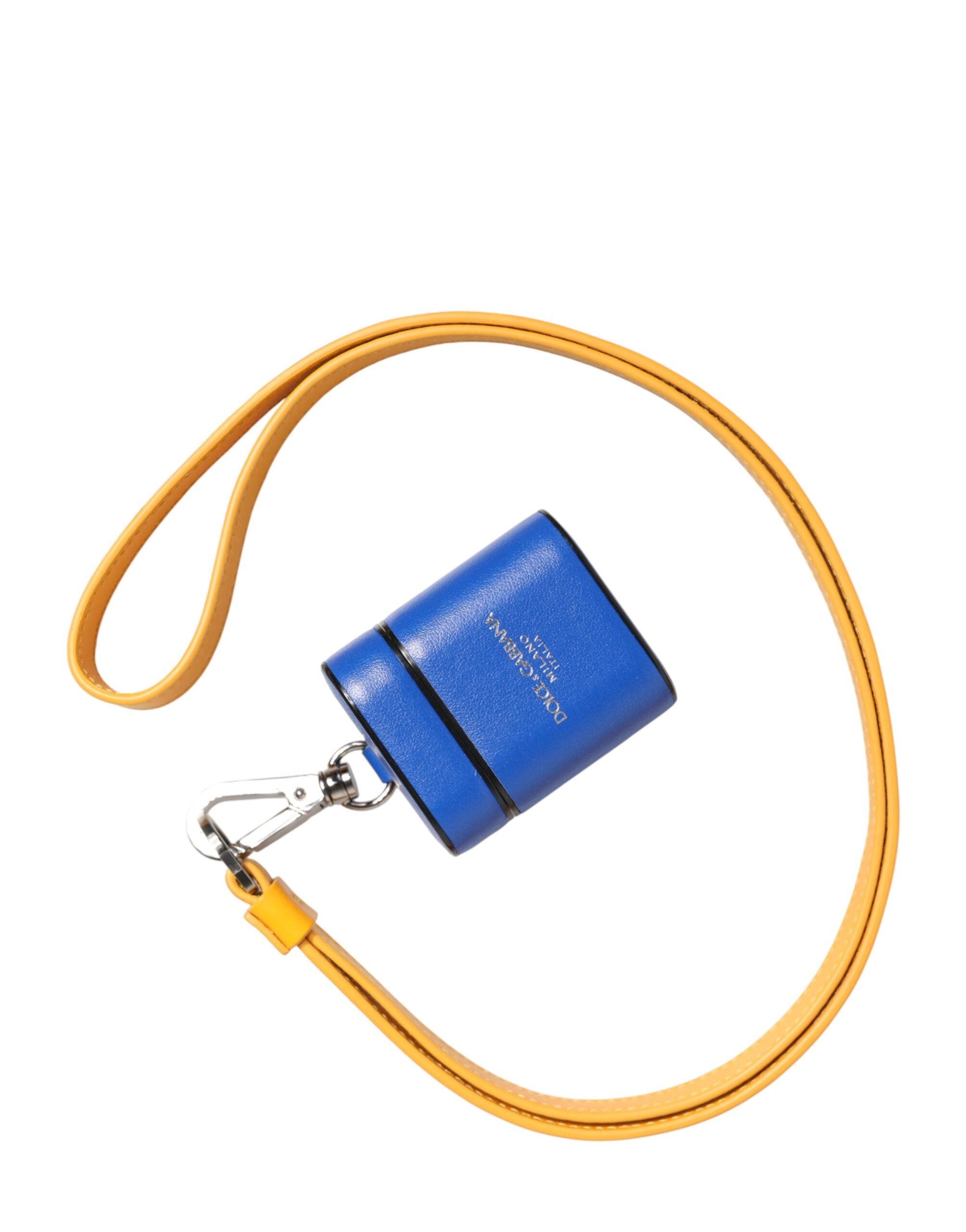 Blue Yellow Calfskin Leather Logo Strap Men Airpods Case - ventzia