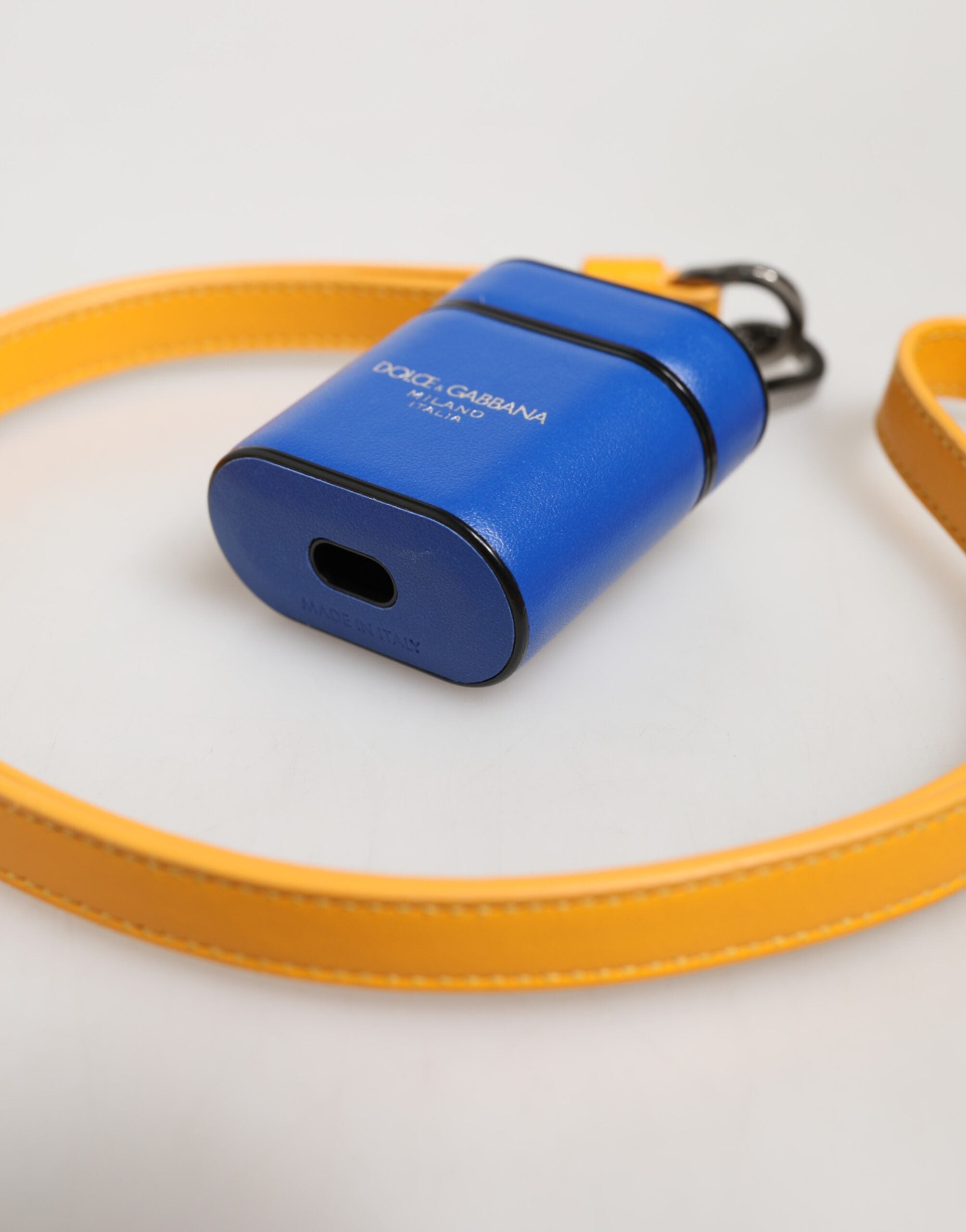 Blue Yellow Calfskin Leather Logo Strap Men Airpods Case - ventzia