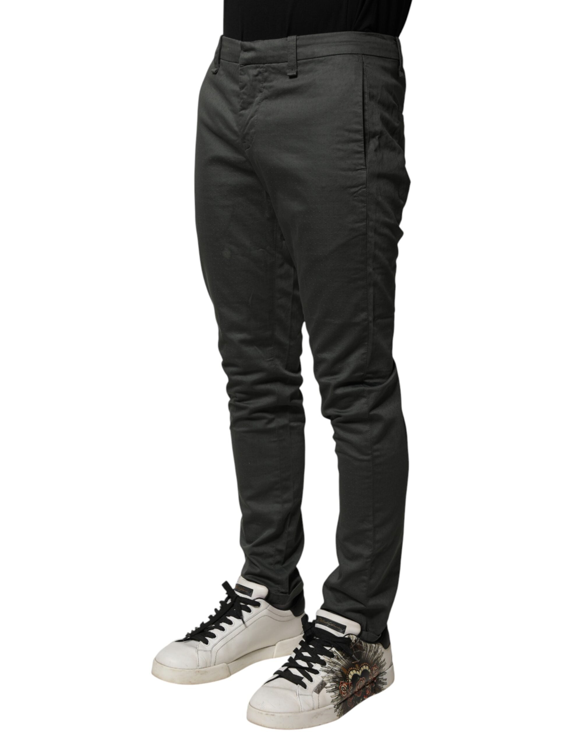 Dark Gray Cotton Mid Waist Skinny Men Chino Trouser Pants