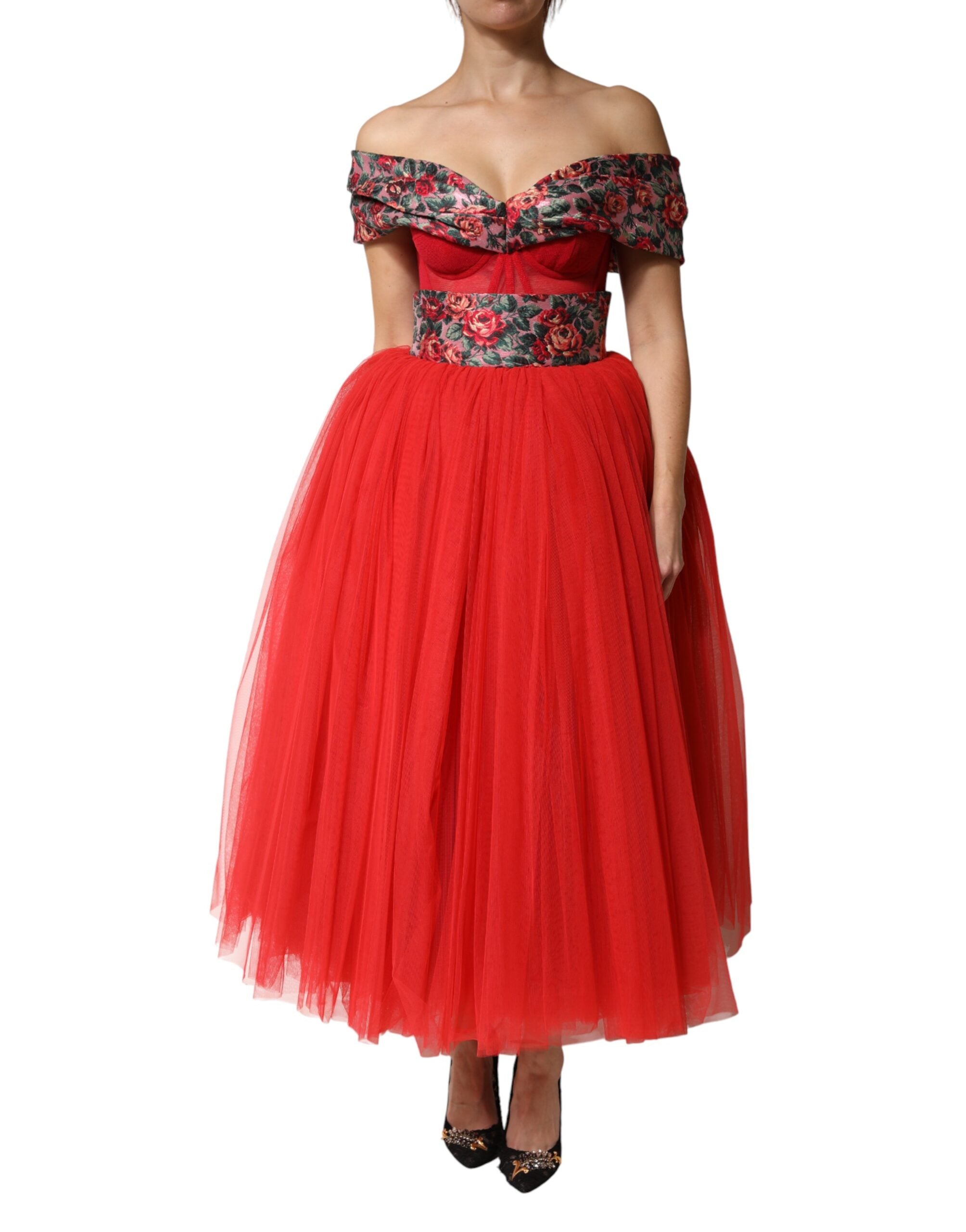 Red Floral Off Shoulder A-line Gown Dress - ventzia