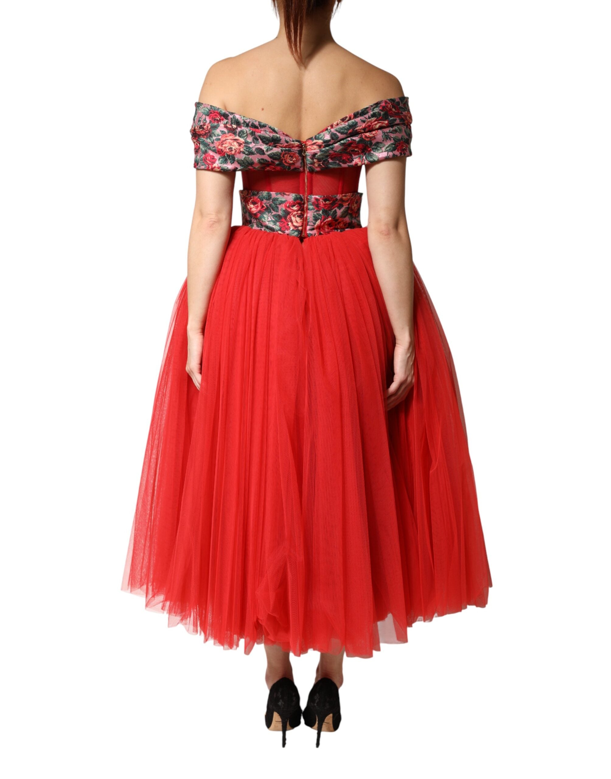 Red Floral Off Shoulder A-line Gown Dress - ventzia