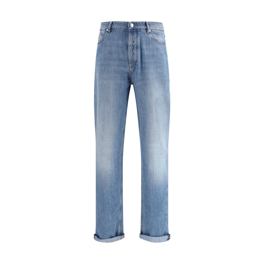 Blue Cotton Straight-Leg Jeans - ventzia