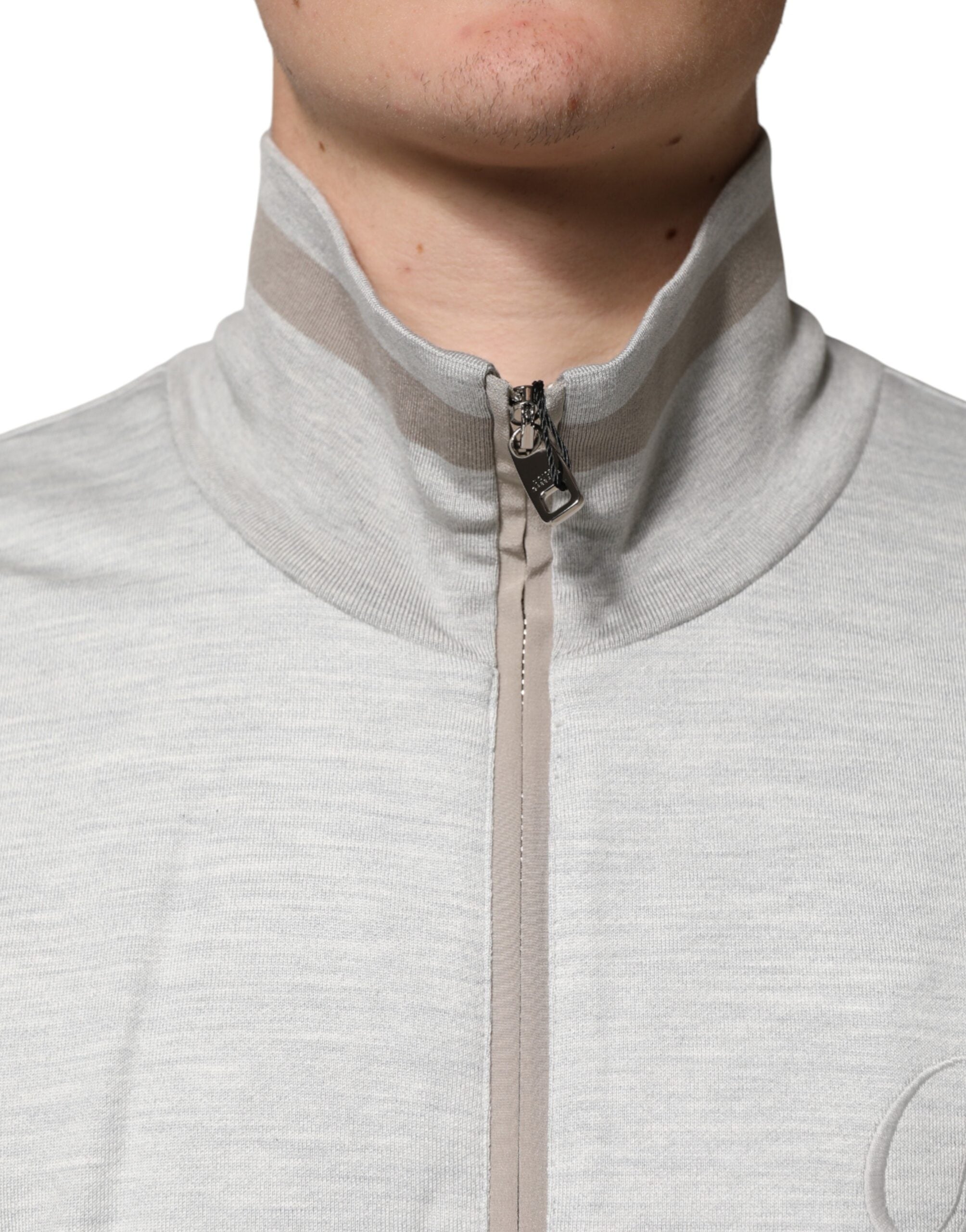 Light Gray Cotton Zipped Cardigan Sweater - ventzia