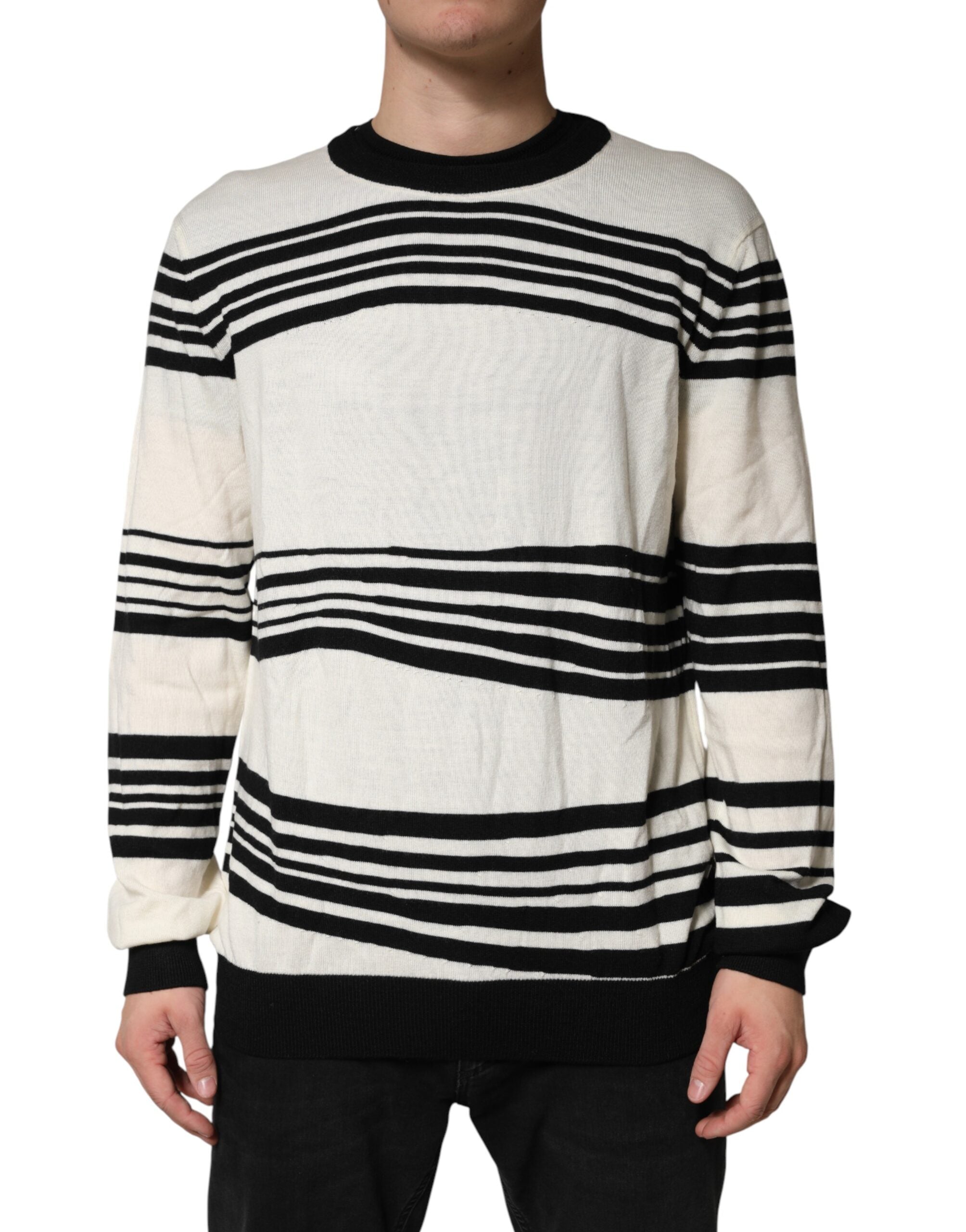 Black White Stripe CrewNeck Pullover Sweater - ventzia