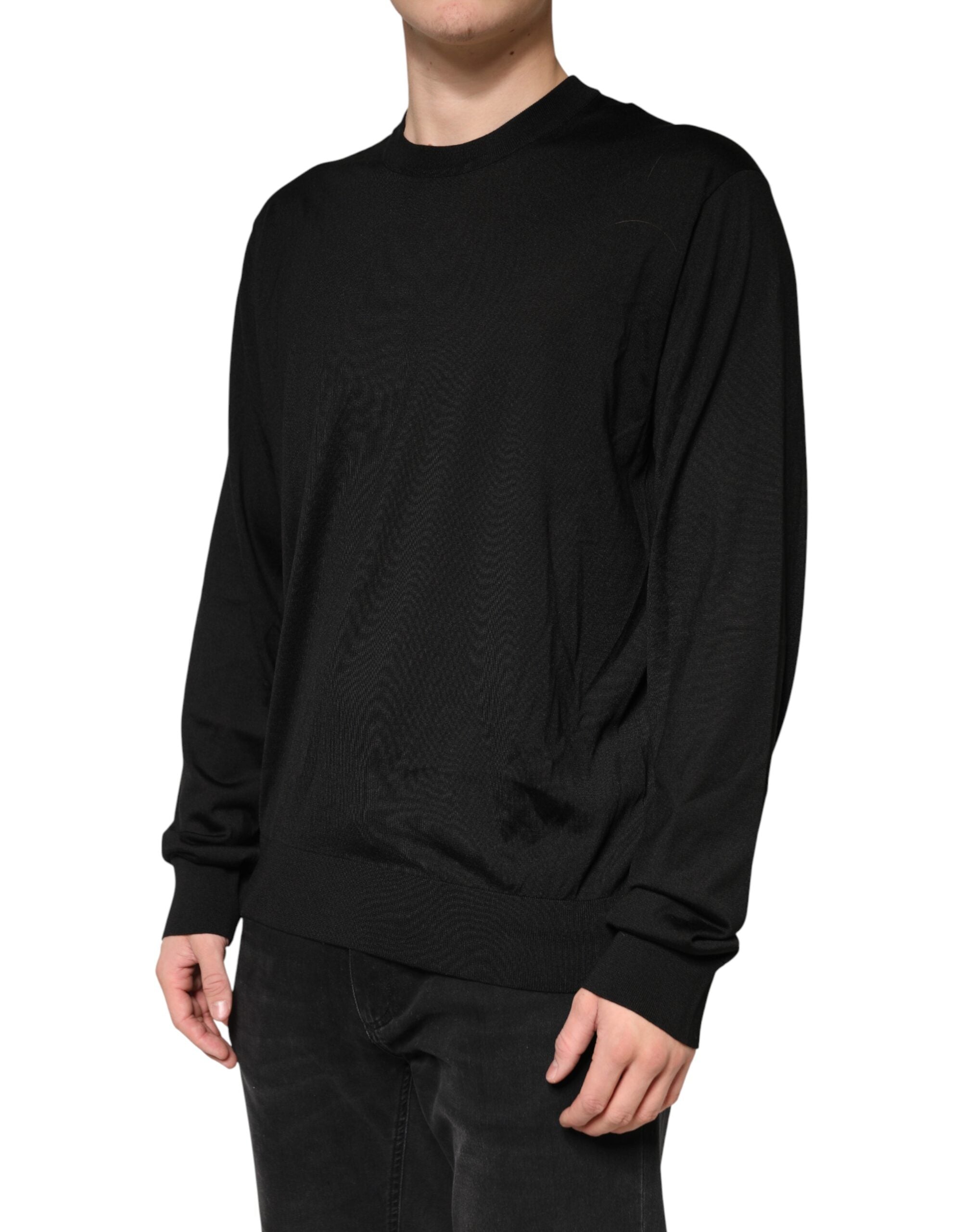 Black Silk Men Crew Neck Pullover Sweater - ventzia