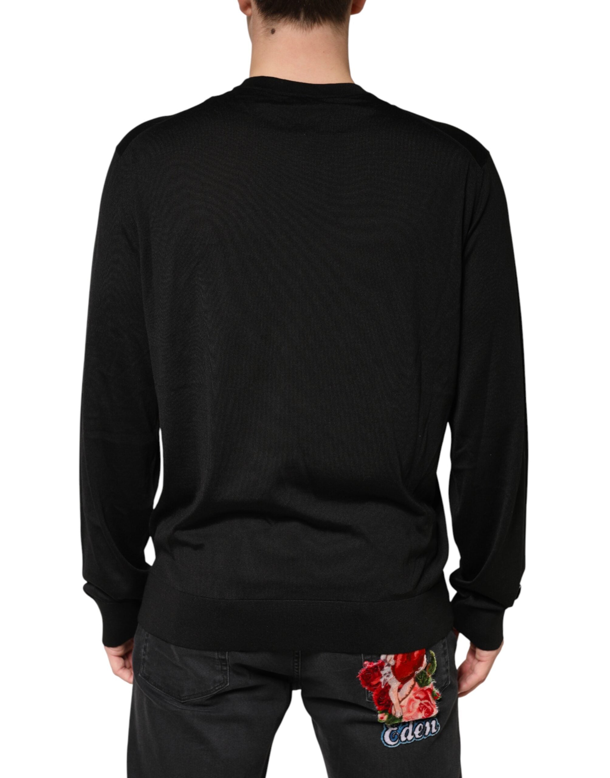 Black Silk Men Crew Neck Pullover Sweater - ventzia