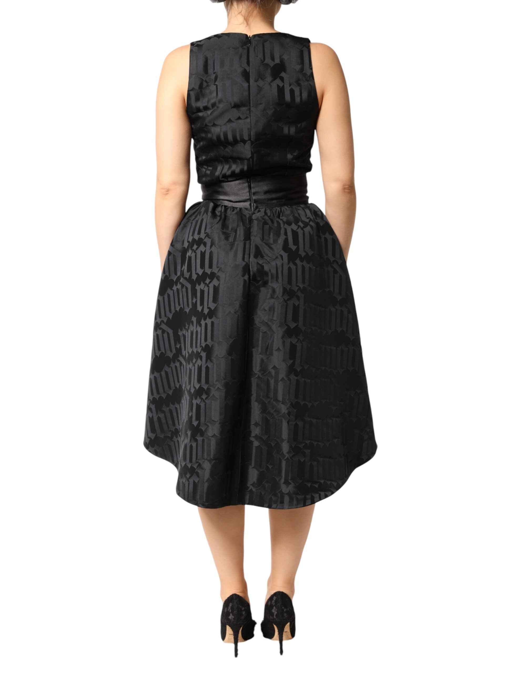 Black Jacquard Deep V-neck Sleeveless 2 Pc Dress - ventzia