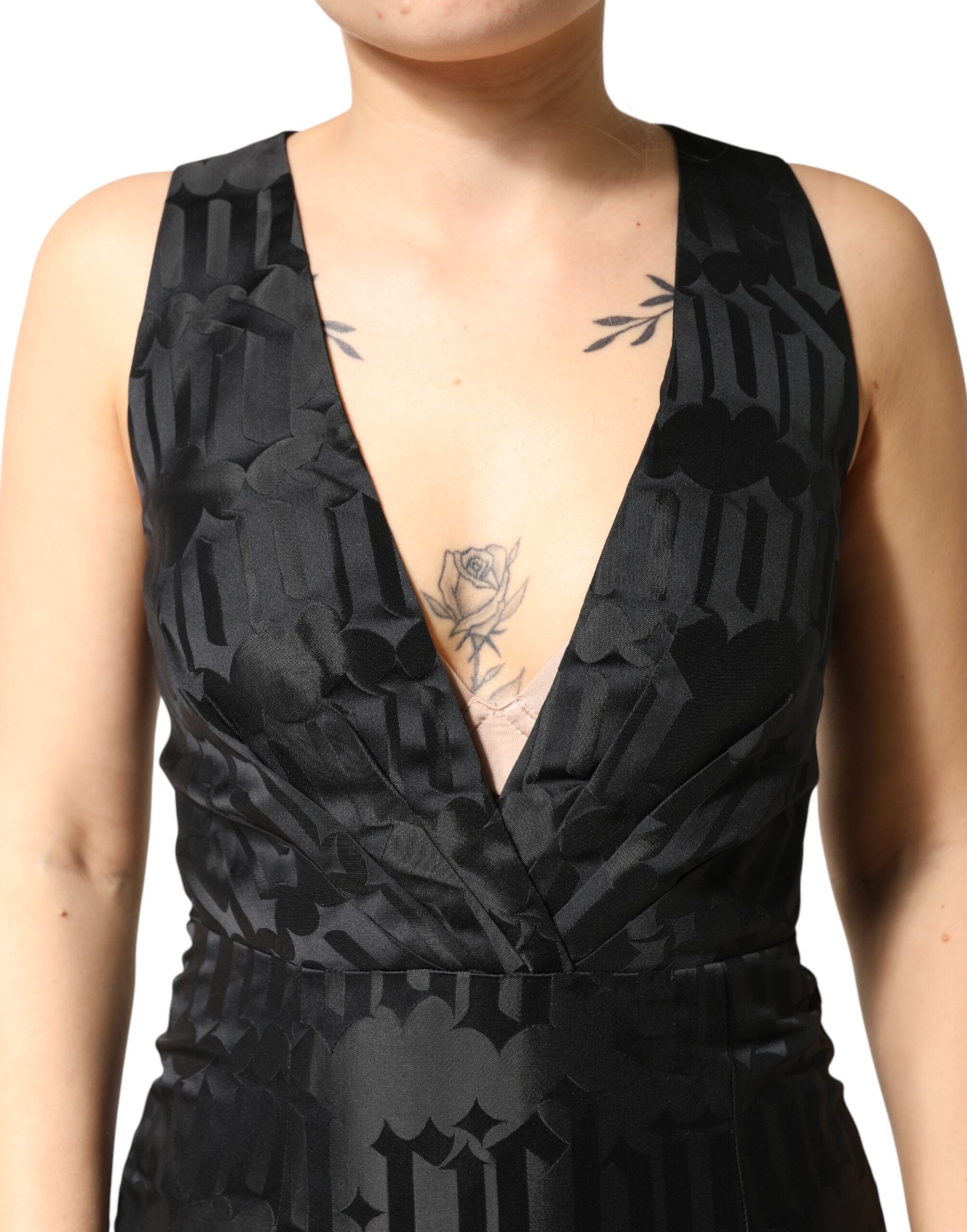 Black Jacquard Deep V-neck Sleeveless 2 Pc Dress - ventzia