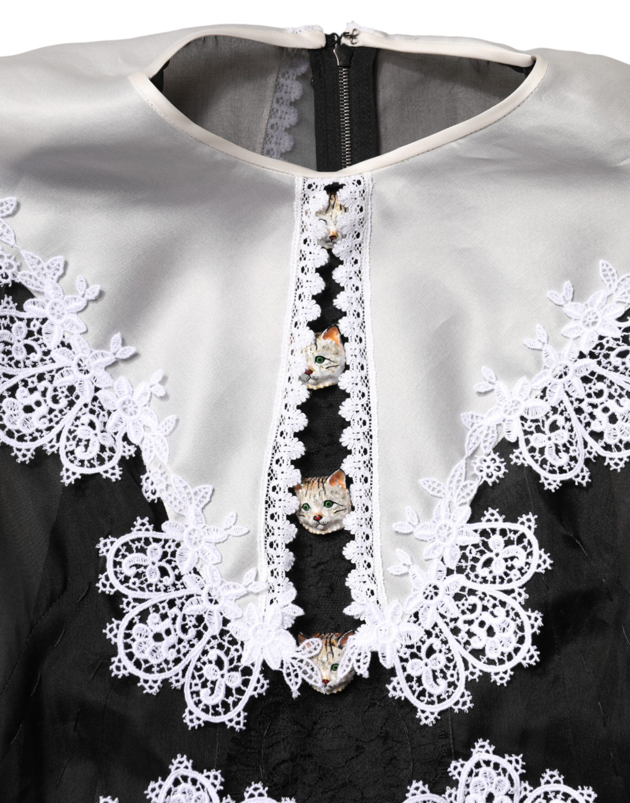 Black White Silk Macrame Lace Midi Dress - ventzia