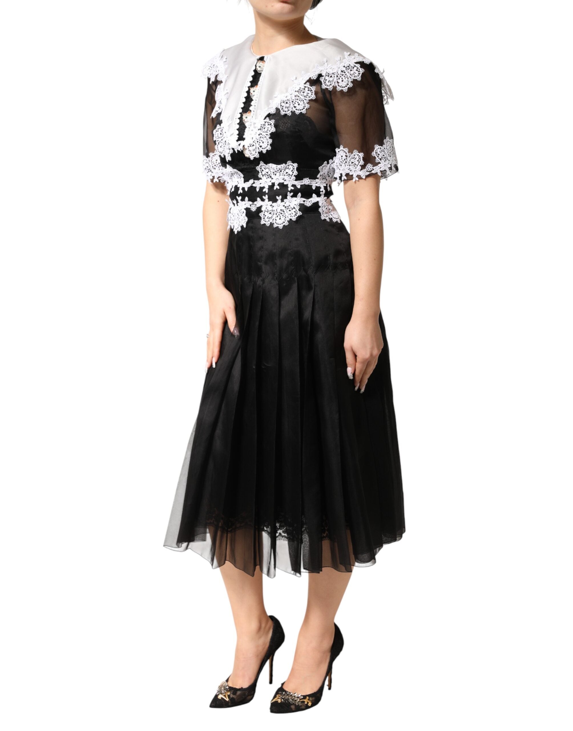 Black White Silk Macrame Lace Midi Dress - ventzia