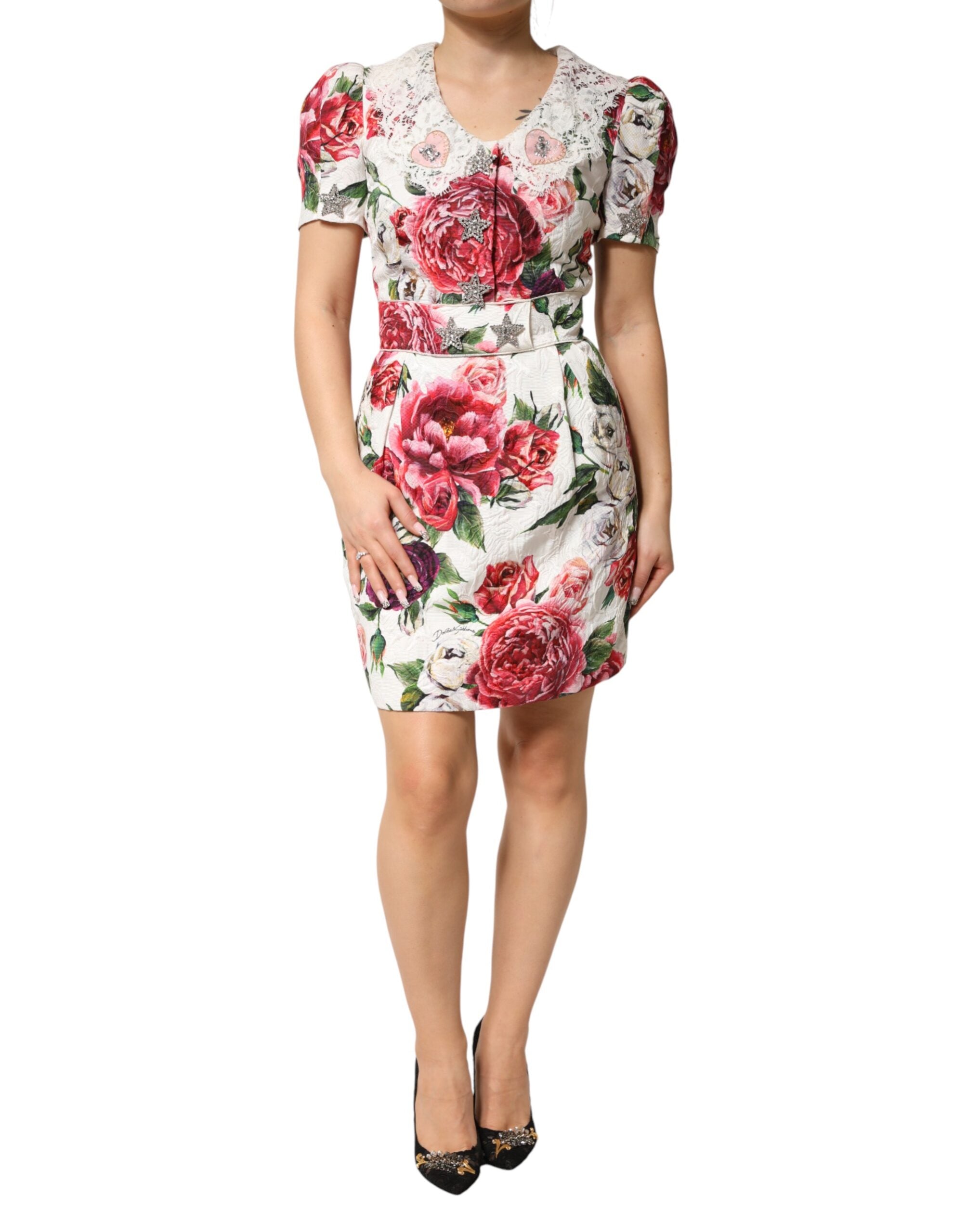 White Floral Embellished Sheath Mini Dress - ventzia