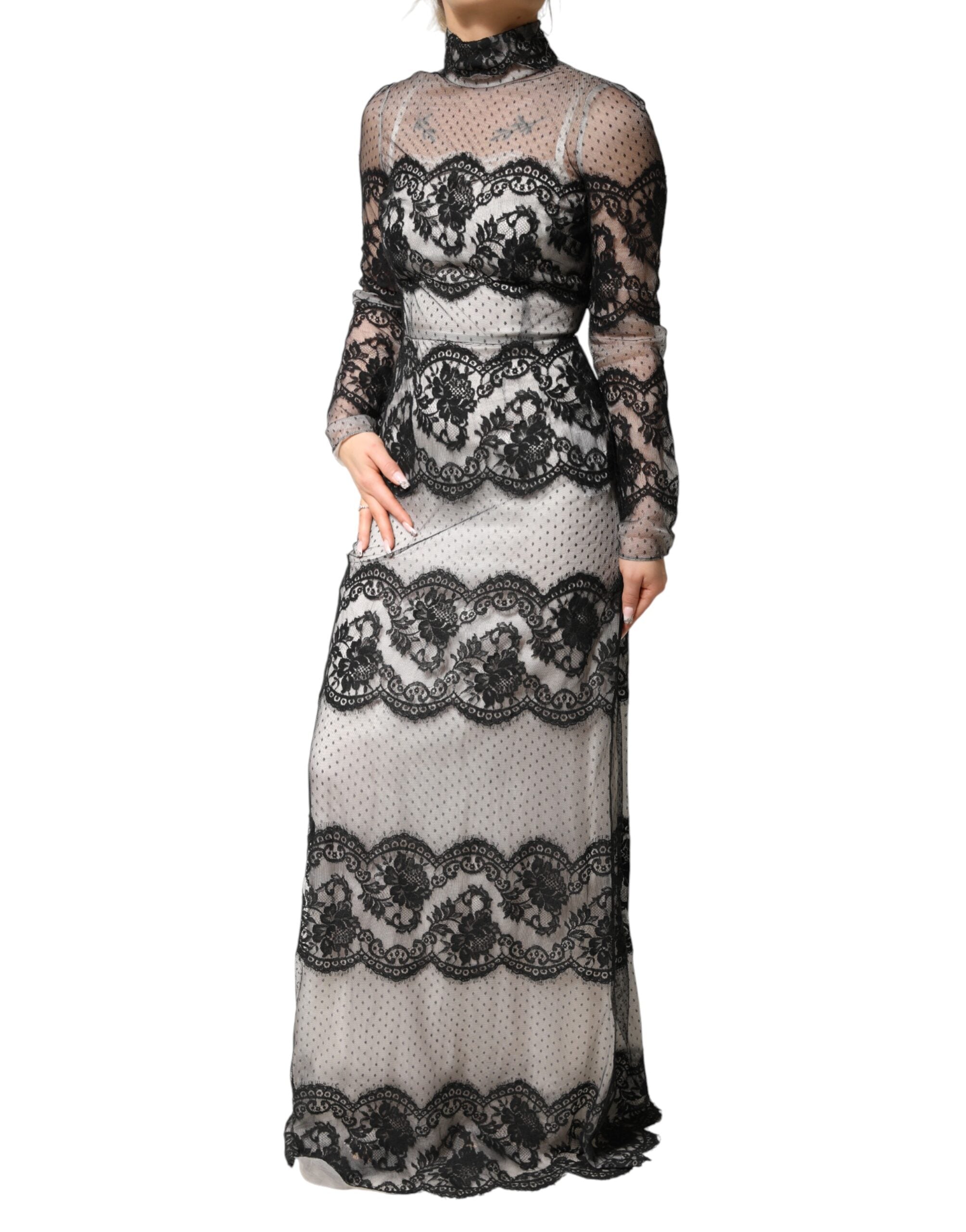 Black White Lace Silk Blend MaxiSheath Dress - ventzia