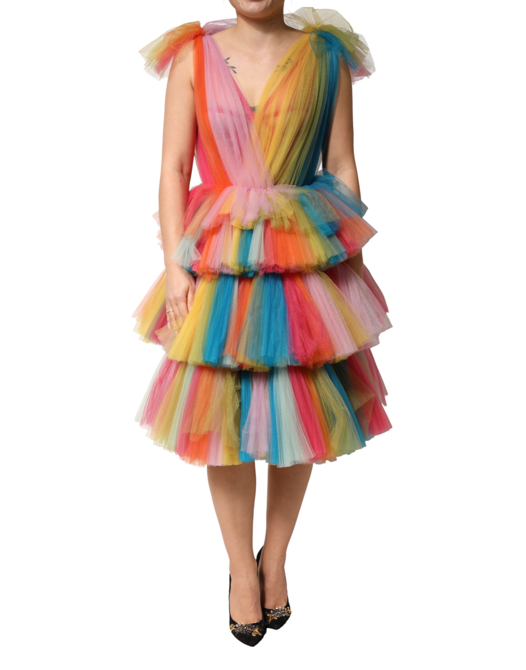 Multicolor Nylon Tiered Tulle Midi Dress - ventzia