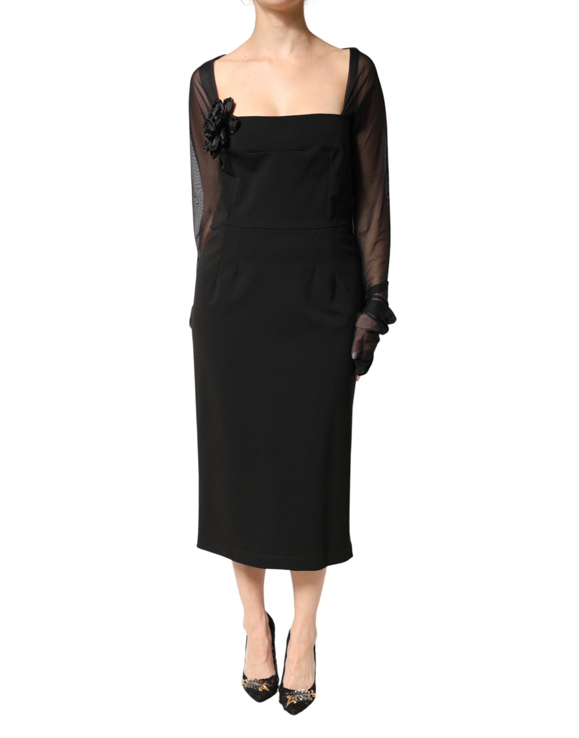 Black Sheer Yoke Rosette Sheath Midi Dress - ventzia