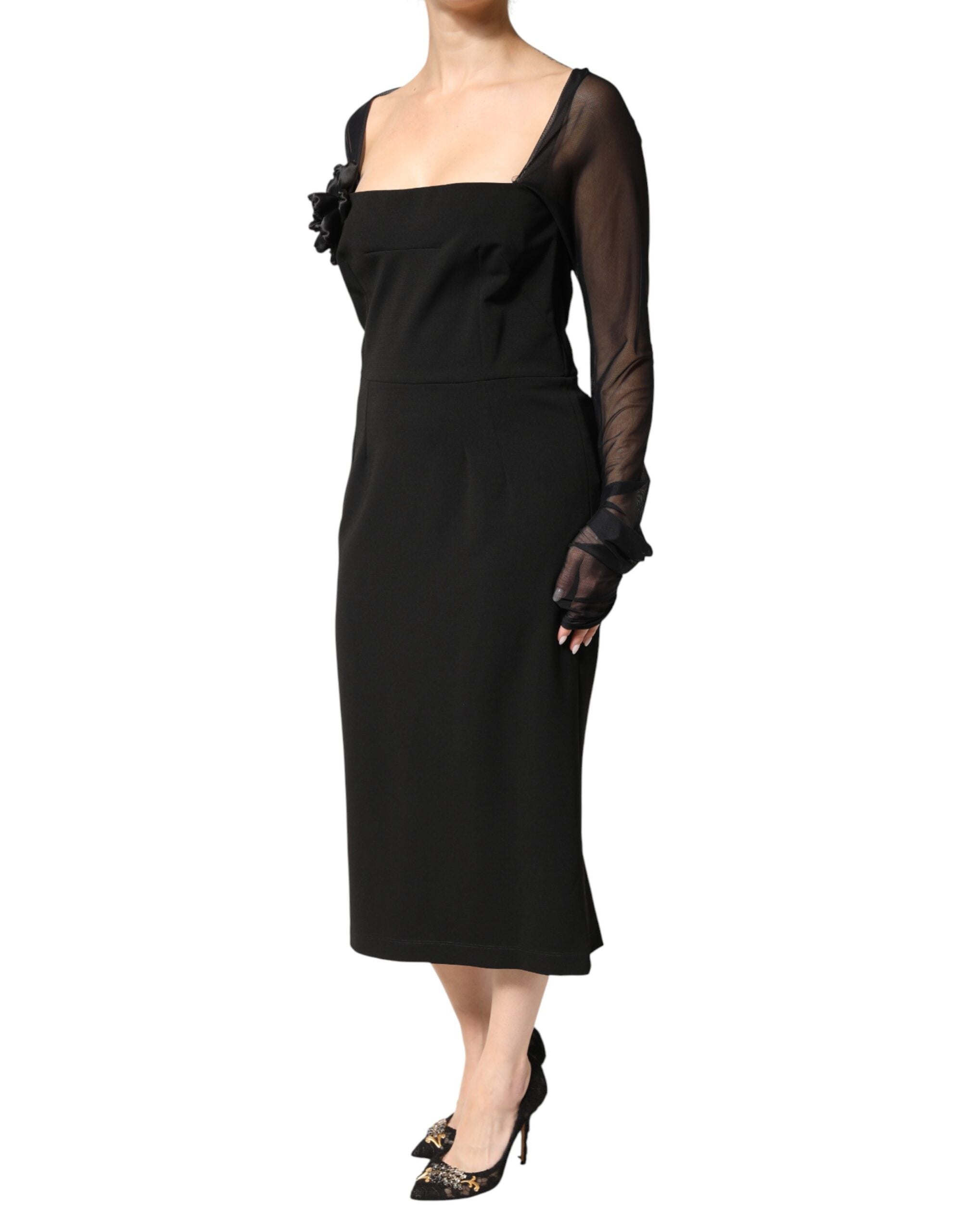 Black Sheer Yoke Rosette Sheath Midi Dress - ventzia