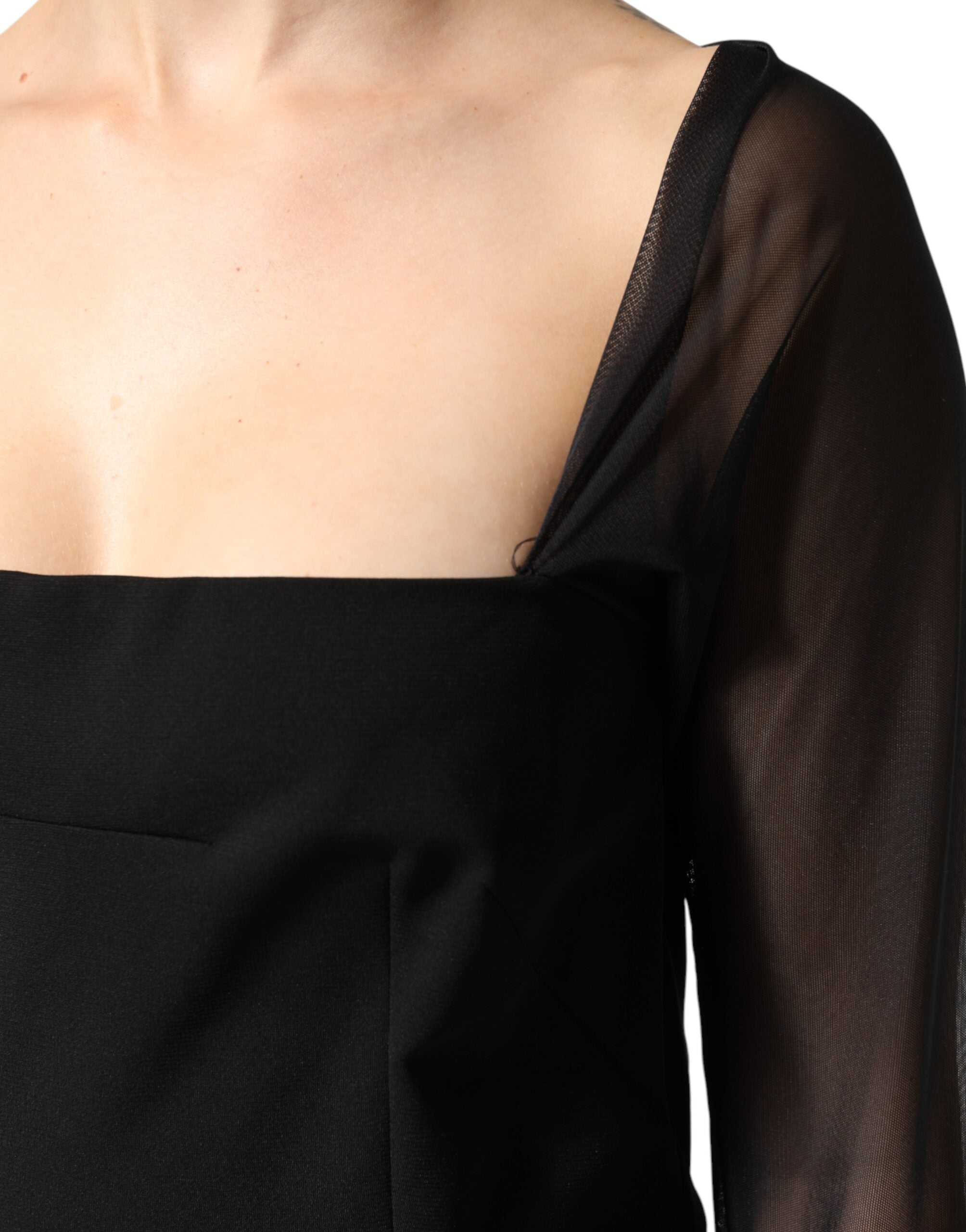 Black Sheer Yoke Rosette Sheath Midi Dress - ventzia