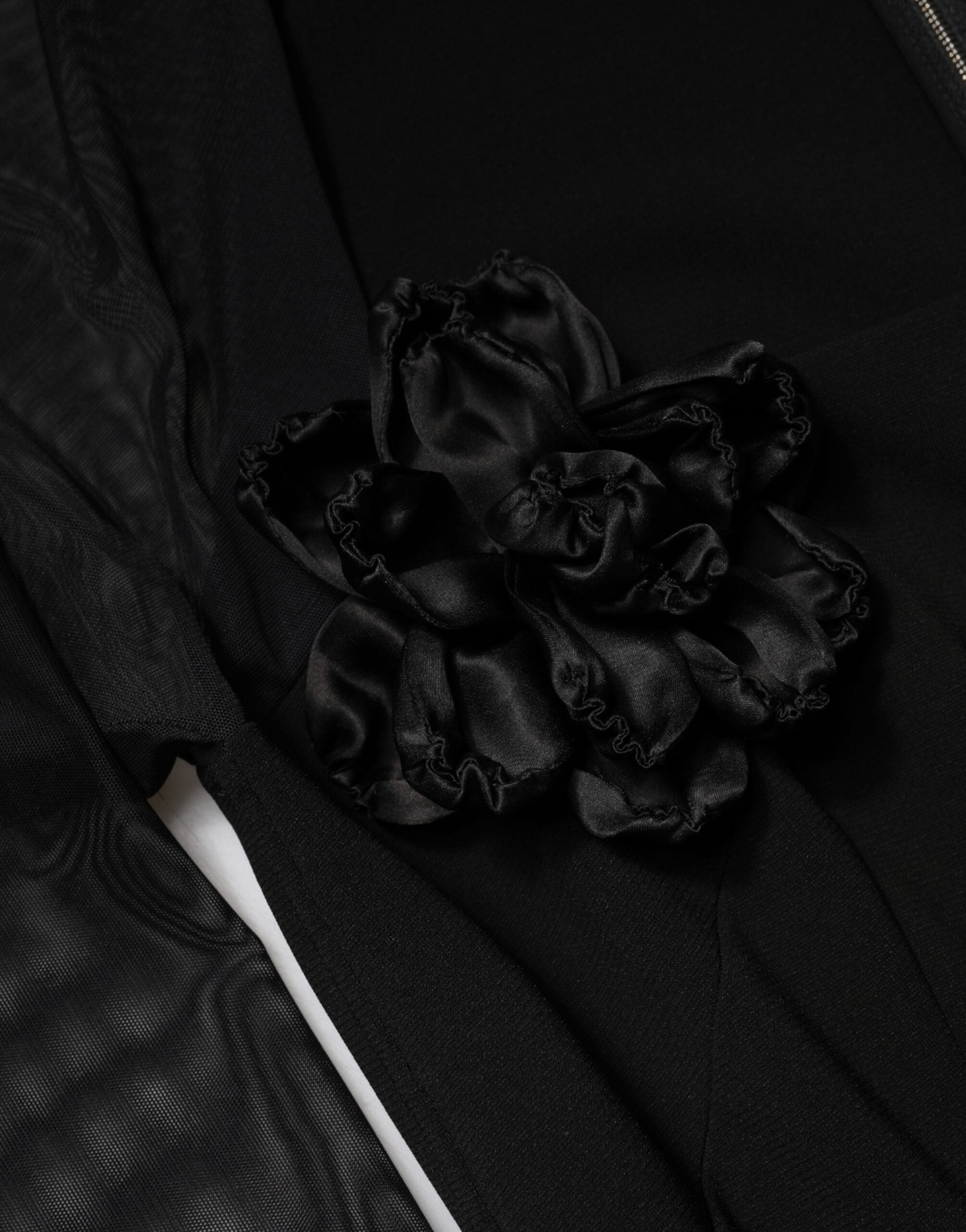 Black Sheer Yoke Rosette Sheath Midi Dress - ventzia