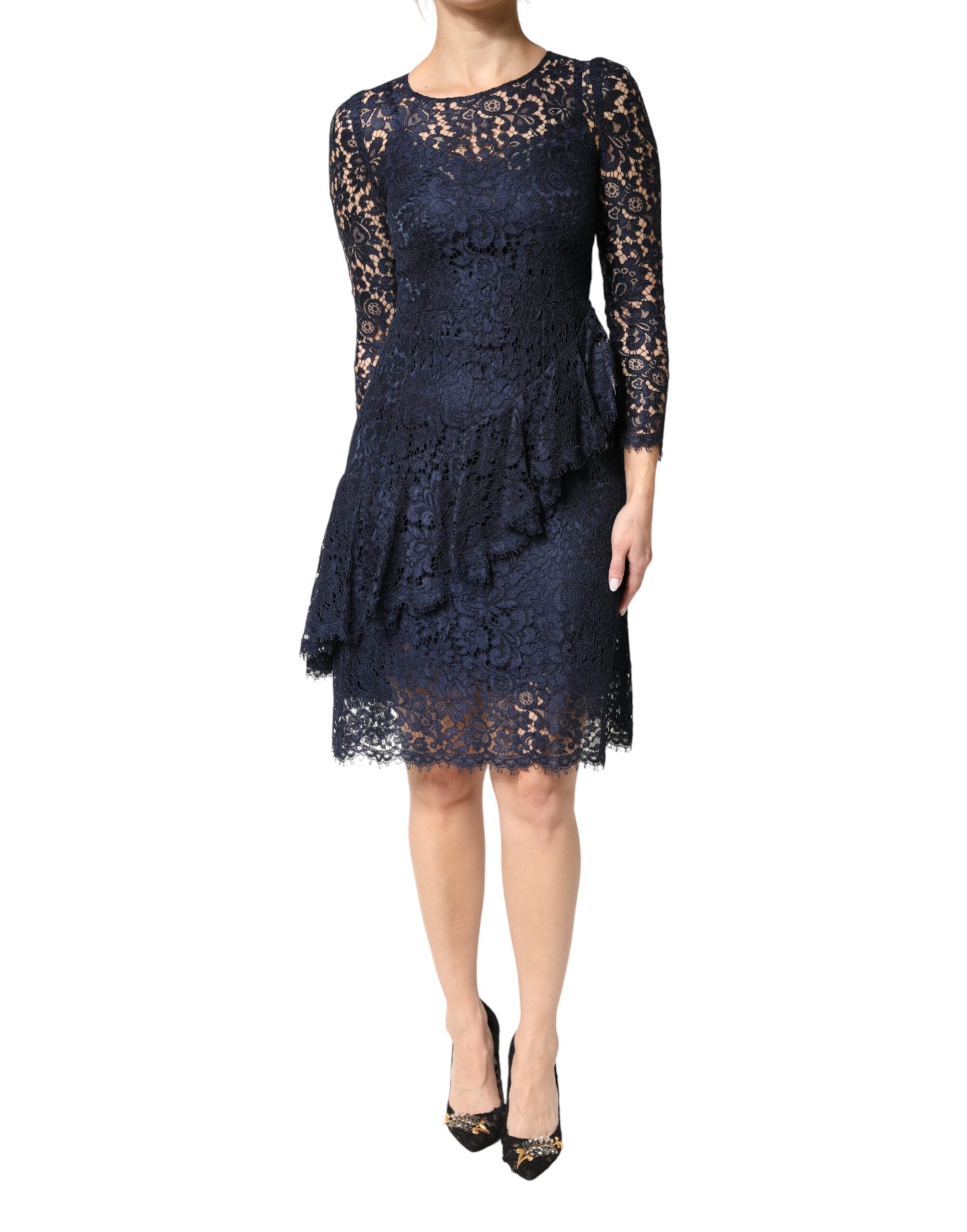 Blue Lace Ruffle A-line Knee Length Dress - ventzia